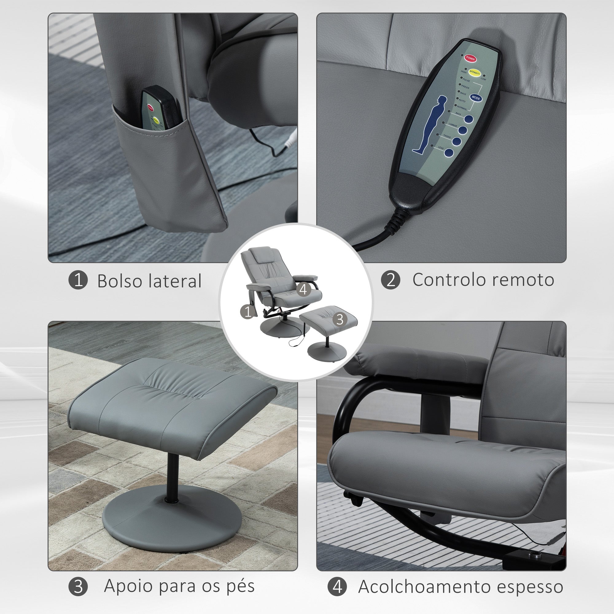 Poltrona de Massagem Elétrica Cinza 77x84x102 cm com Banco para Apoiar os Pés