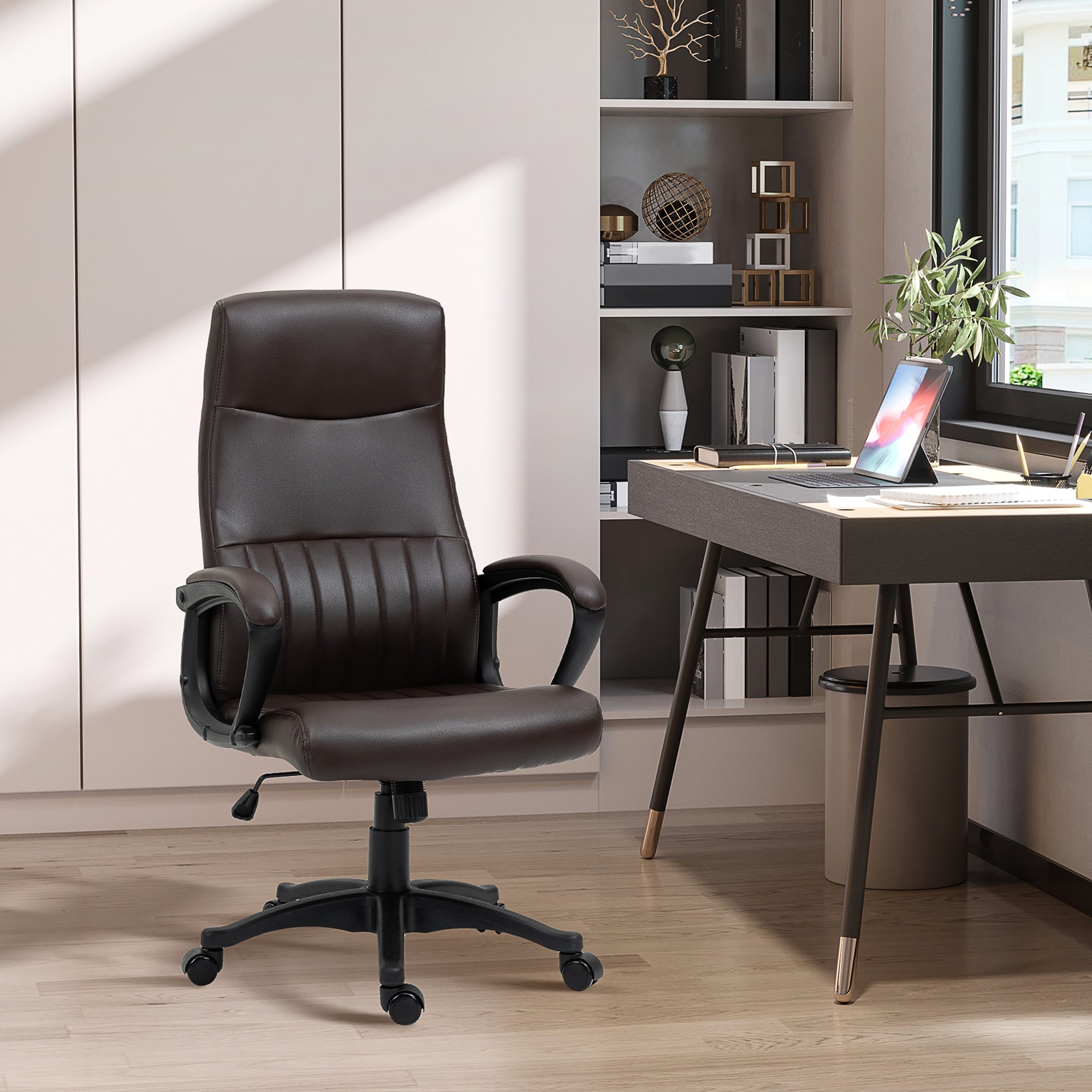 Cadeira de Escritório Ergonômica Pele Sintética Marrom 61.5x66x123cm