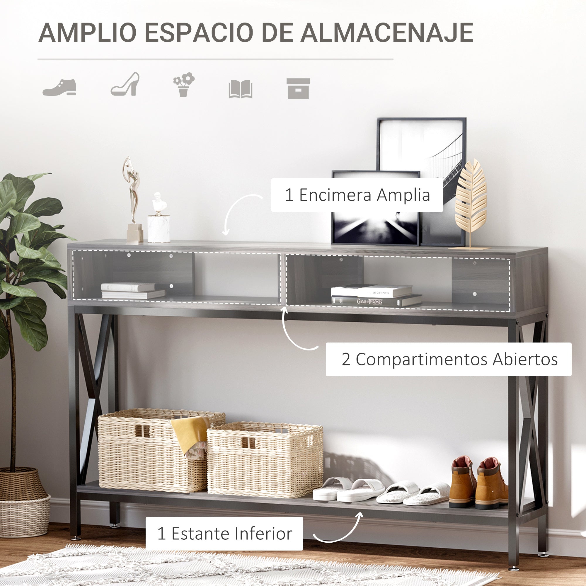 Mesa Consola Móvel de Entrada Estilo Industrial Vintage 120x23.5x75cm Cinza e Preto