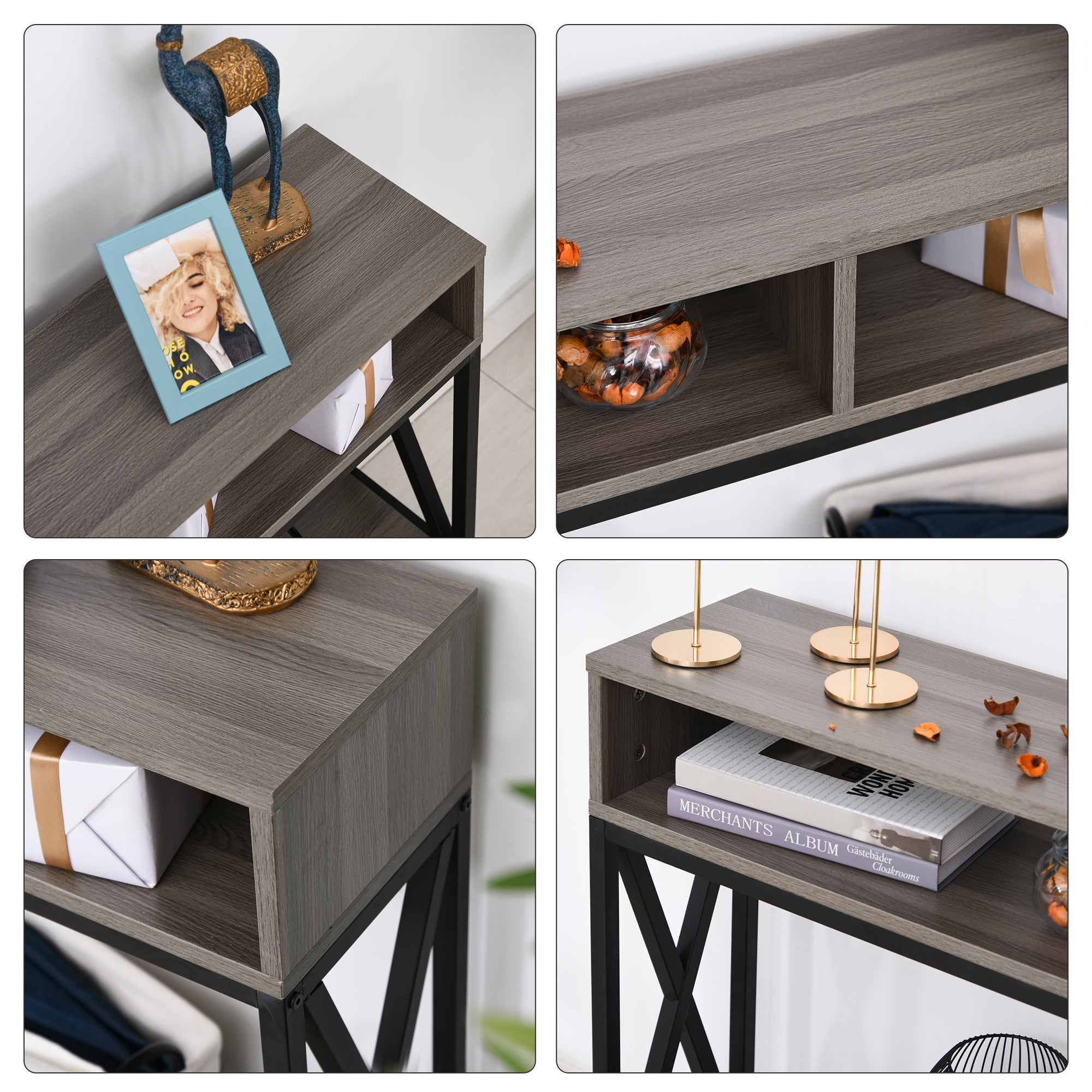 Mesa Consola Móvel de Entrada Estilo Industrial Vintage 120x23.5x75cm Cinza e Preto