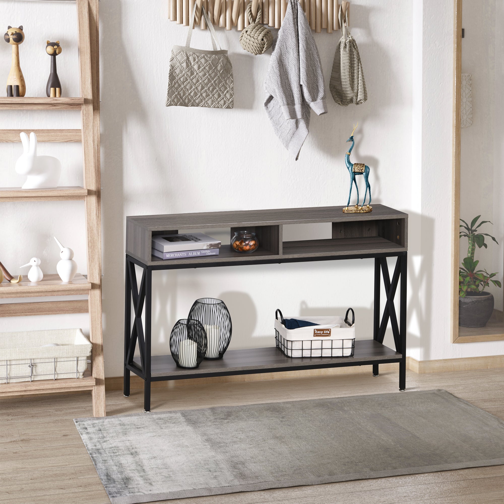 Mesa Consola Móvel de Entrada Estilo Industrial Vintage 120x23.5x75cm Cinza e Preto