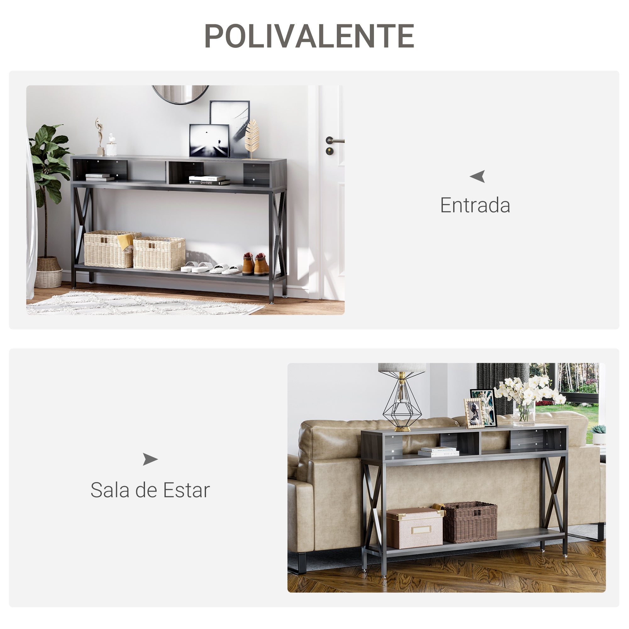 Mesa Consola Móvel de Entrada Estilo Industrial Vintage 120x23.5x75cm Cinza e Preto