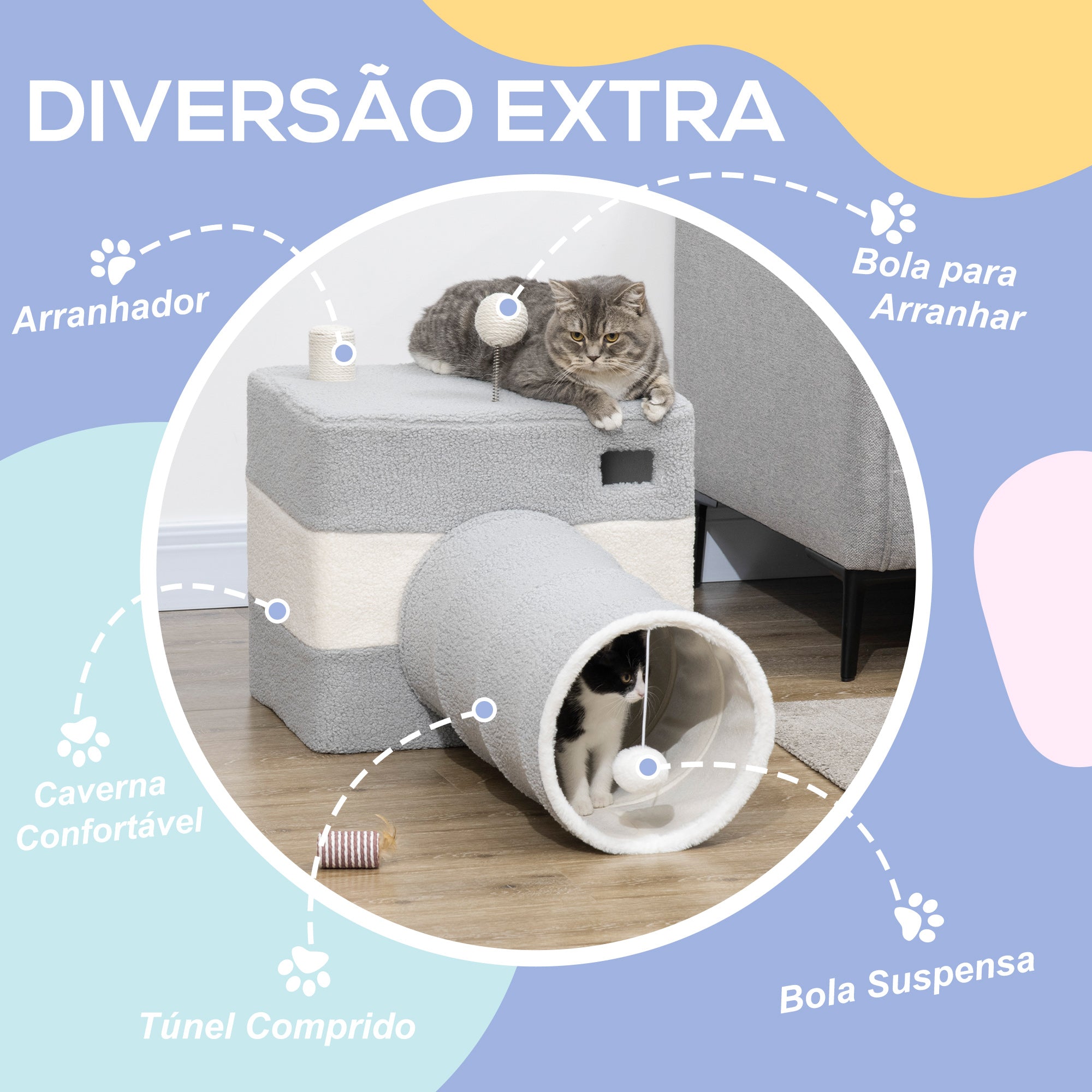 Túnel para Gatos Cinza e Bege 48x95x58cm com Caverna e Bola Suspensa