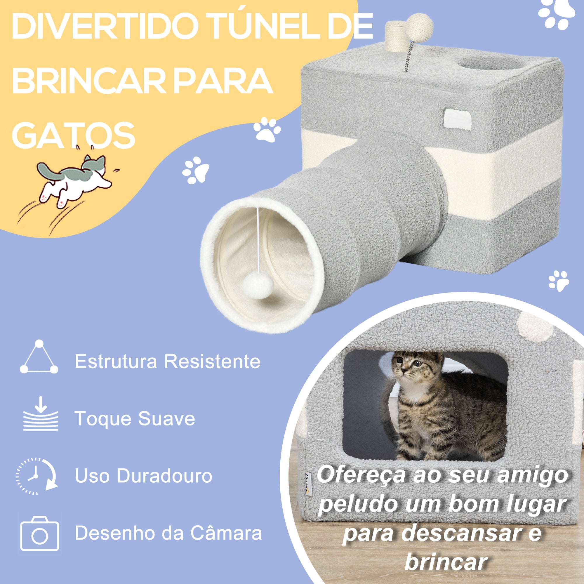 Túnel para Gatos Cinza e Bege 48x95x58cm com Caverna e Bola Suspensa