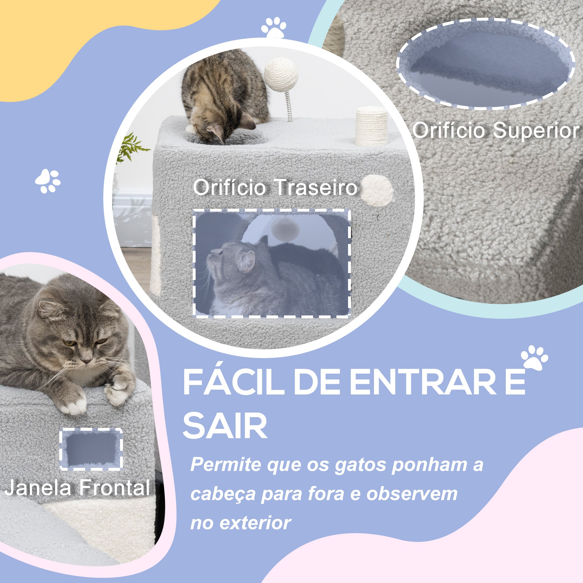 Túnel para Gatos Cinza e Bege 48x95x58cm com Caverna e Bola Suspensa