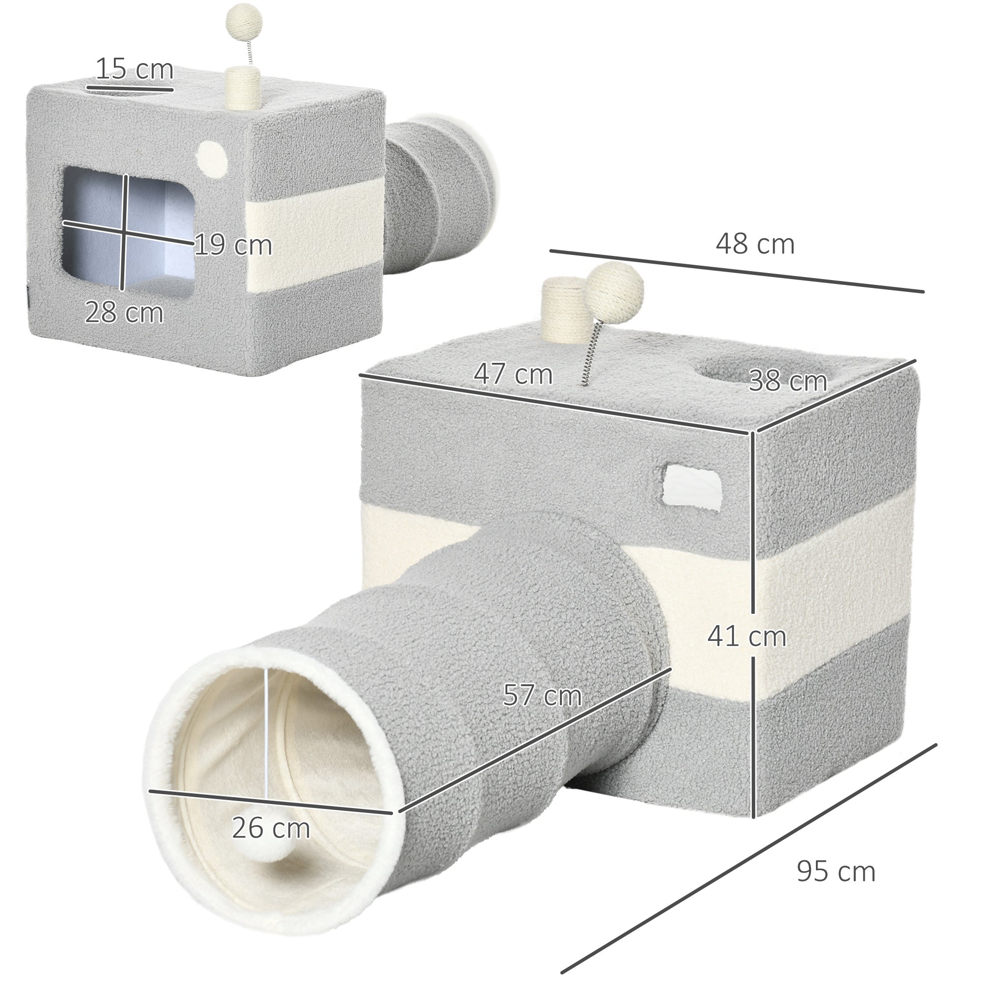 Túnel para Gatos Cinza e Bege 48x95x58cm com Caverna e Bola Suspensa