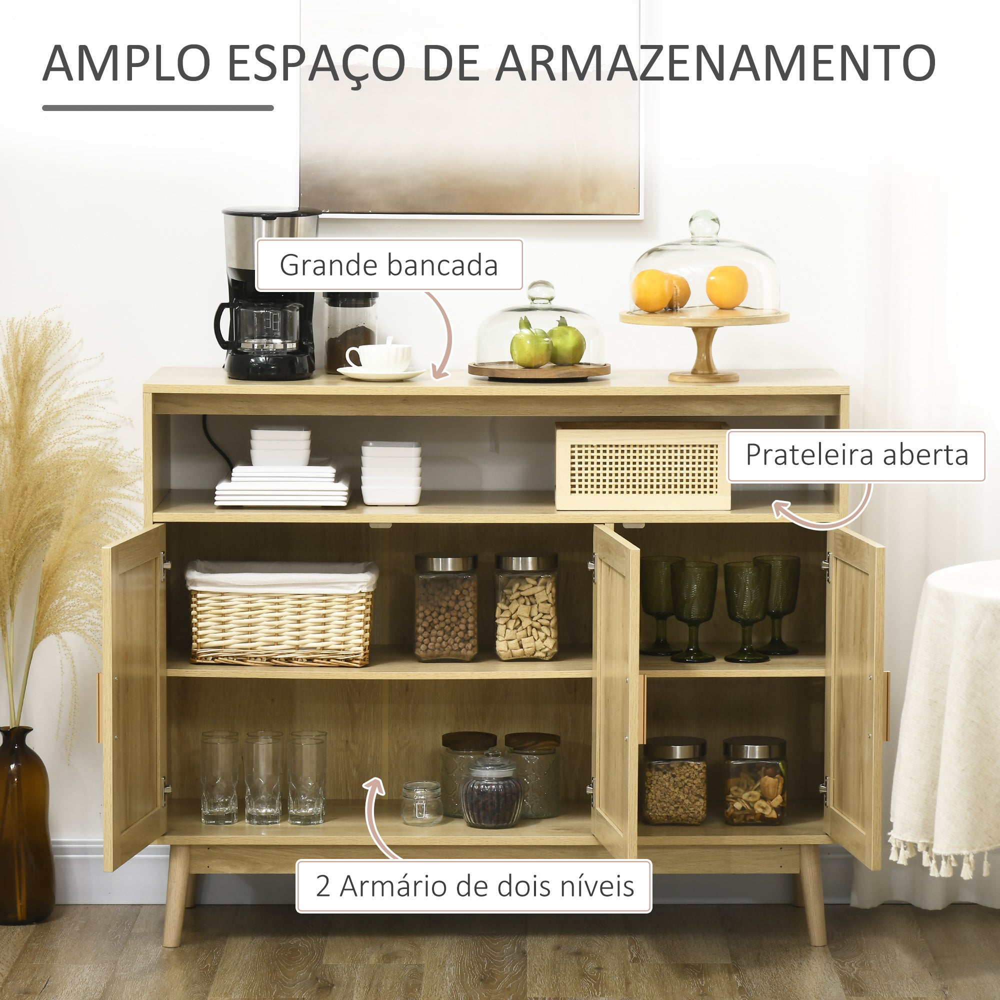 Aparador de Sala de Estar de Estilo Cannage Cor de Madeira Natural 120x40x97 cm