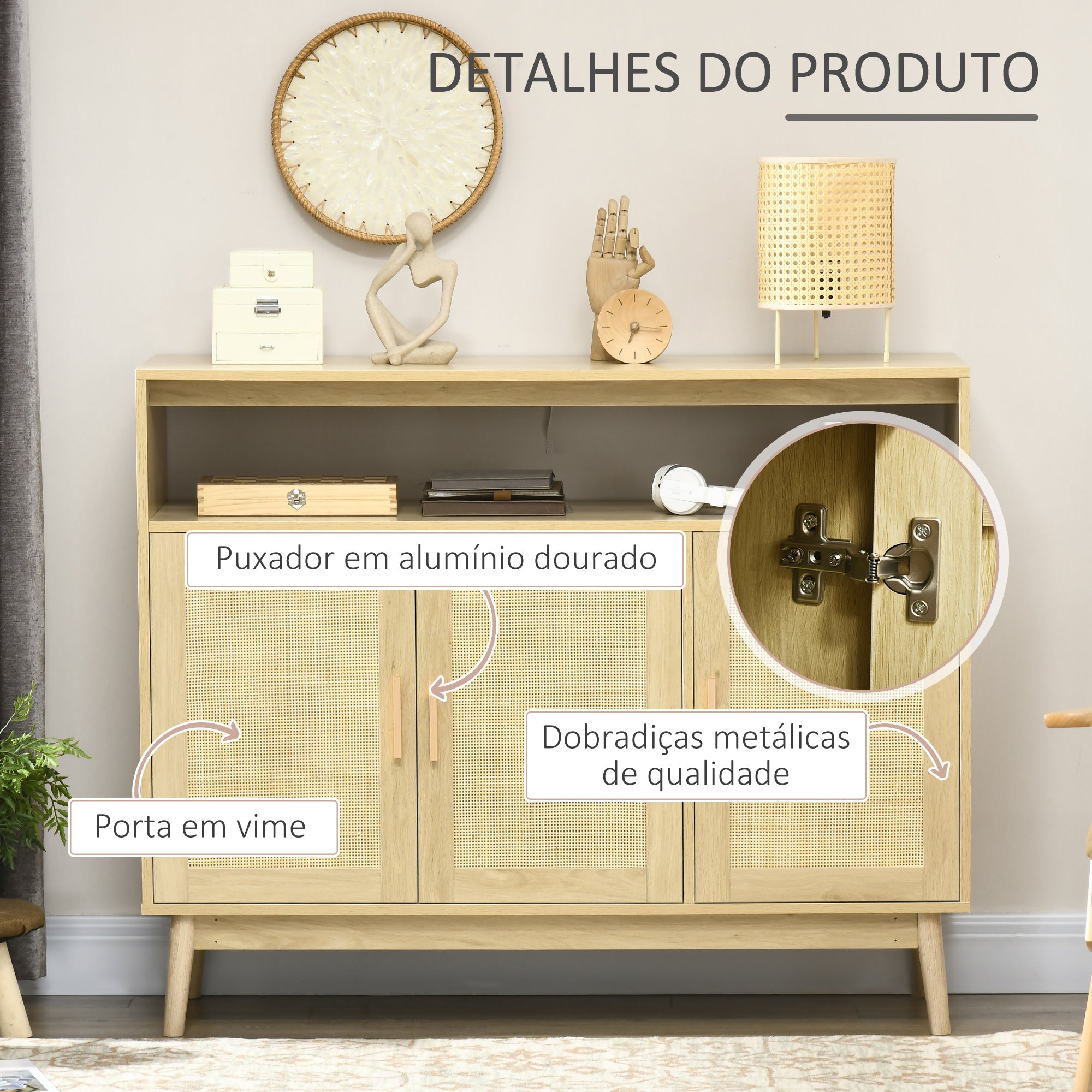 Aparador de Sala de Estar de Estilo Cannage Cor de Madeira Natural 120x40x97 cm