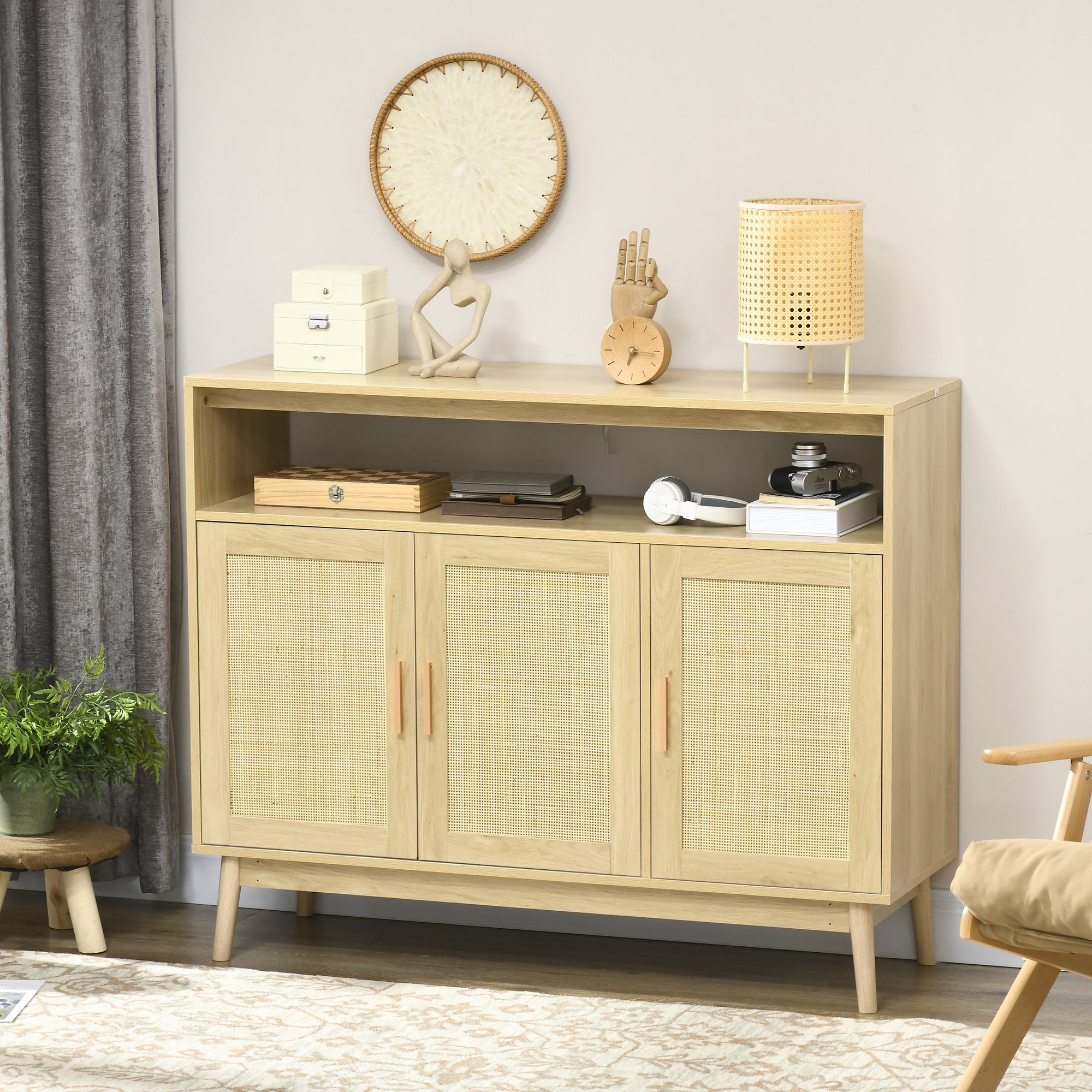 Aparador de Sala de Estar de Estilo Cannage Cor de Madeira Natural 120x40x97 cm