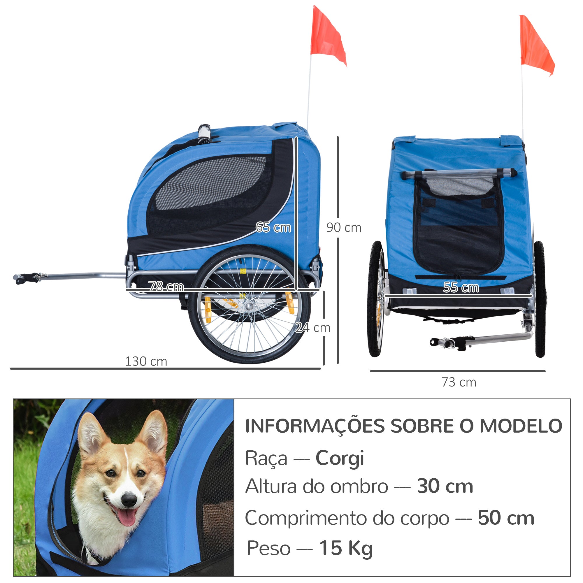 Reboque de Bicicleta para Cães 130x73x90cm Azul e Preto