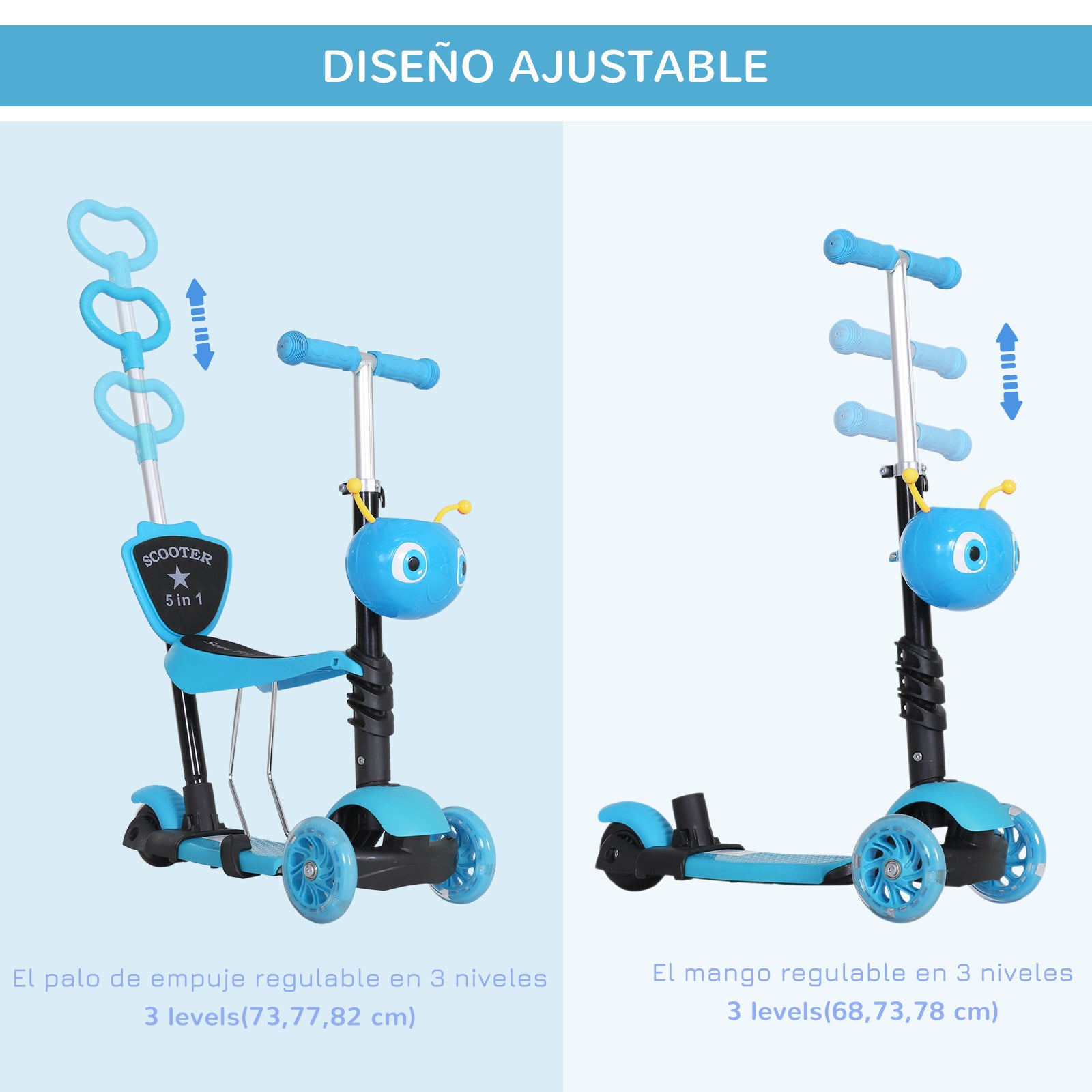 Trotinete 5 em 1 com Assento Removível 62x25x72,5 cm - Azul