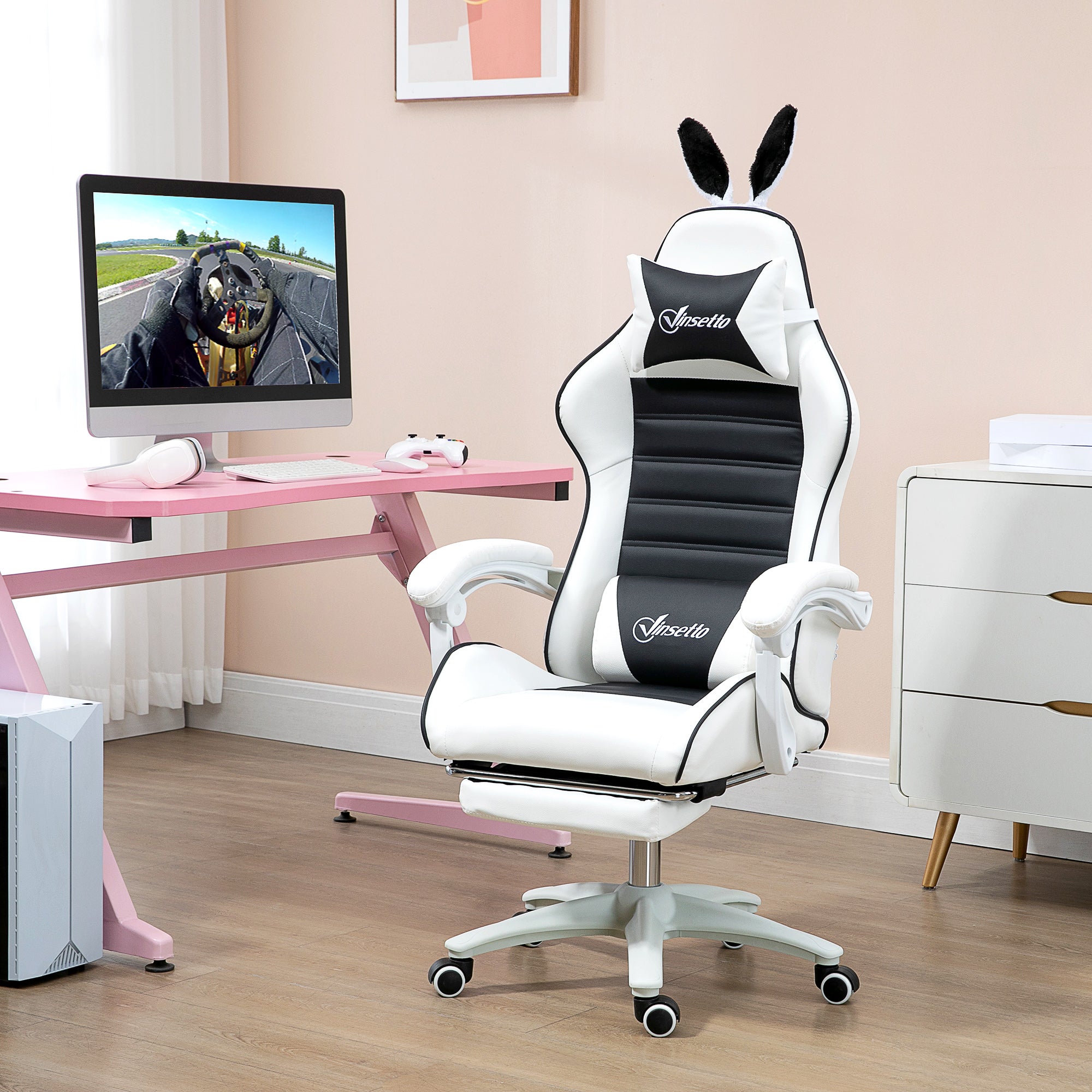 Cadeira Gaming Profissional Branco e Preto 65x63x136-142 cm