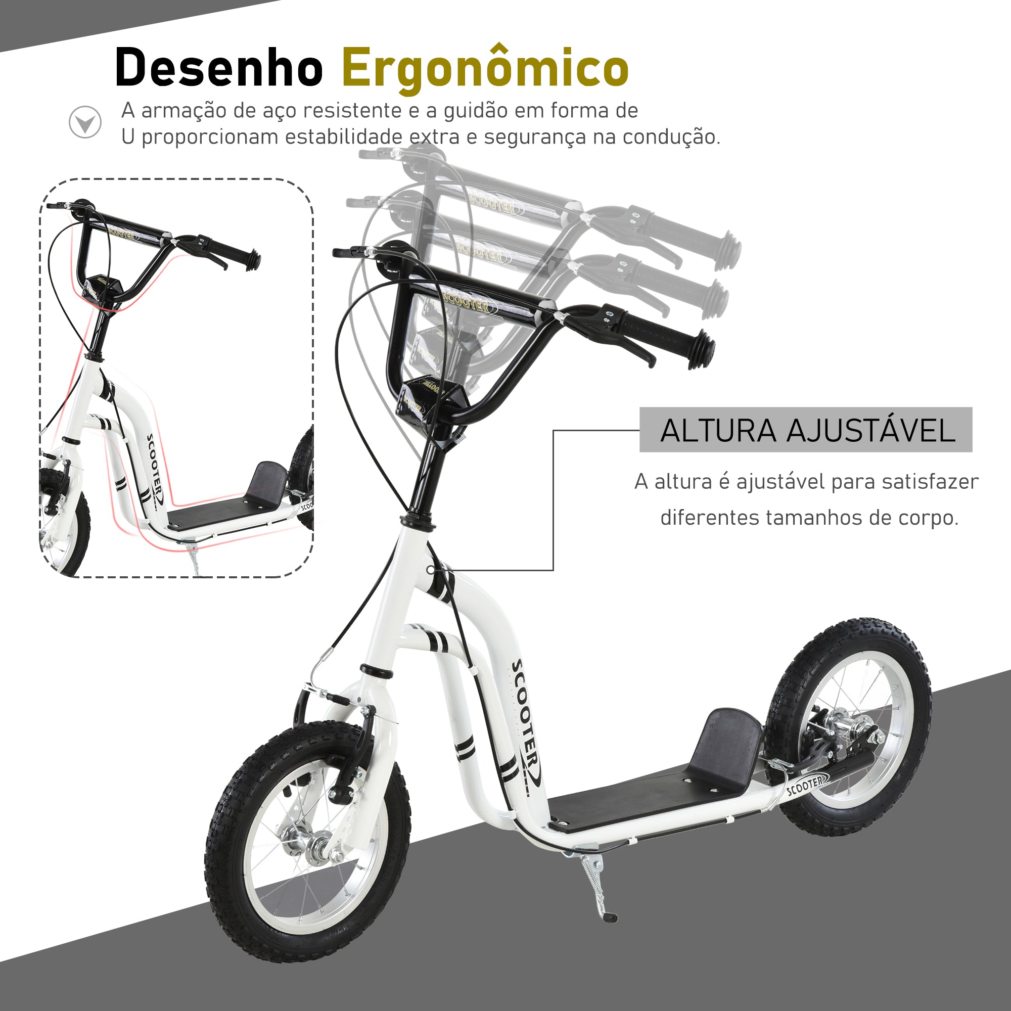 Trotinete para Crianças 120x58x80-85 cm - Branco