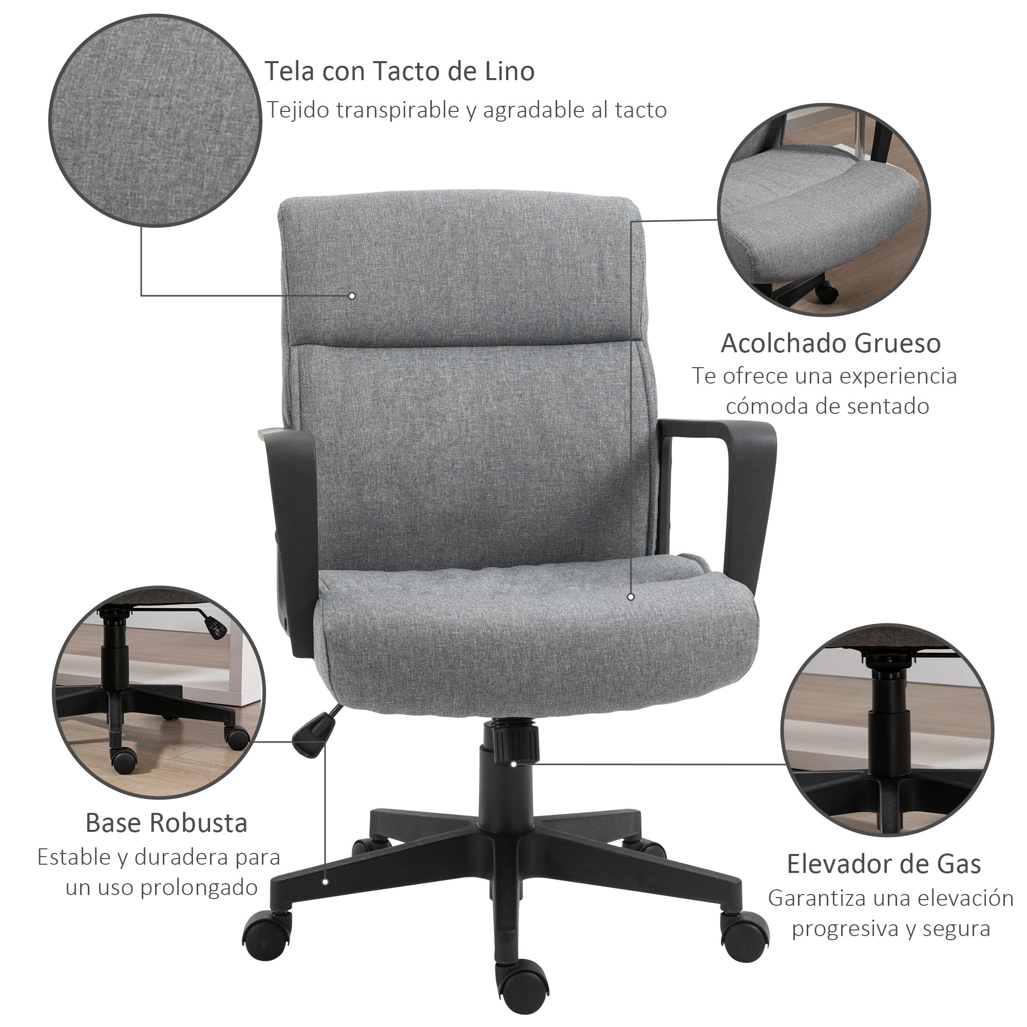 Cadeira de Escritório Ergonómica 360° Linho Cinza 60x68x101,5cm