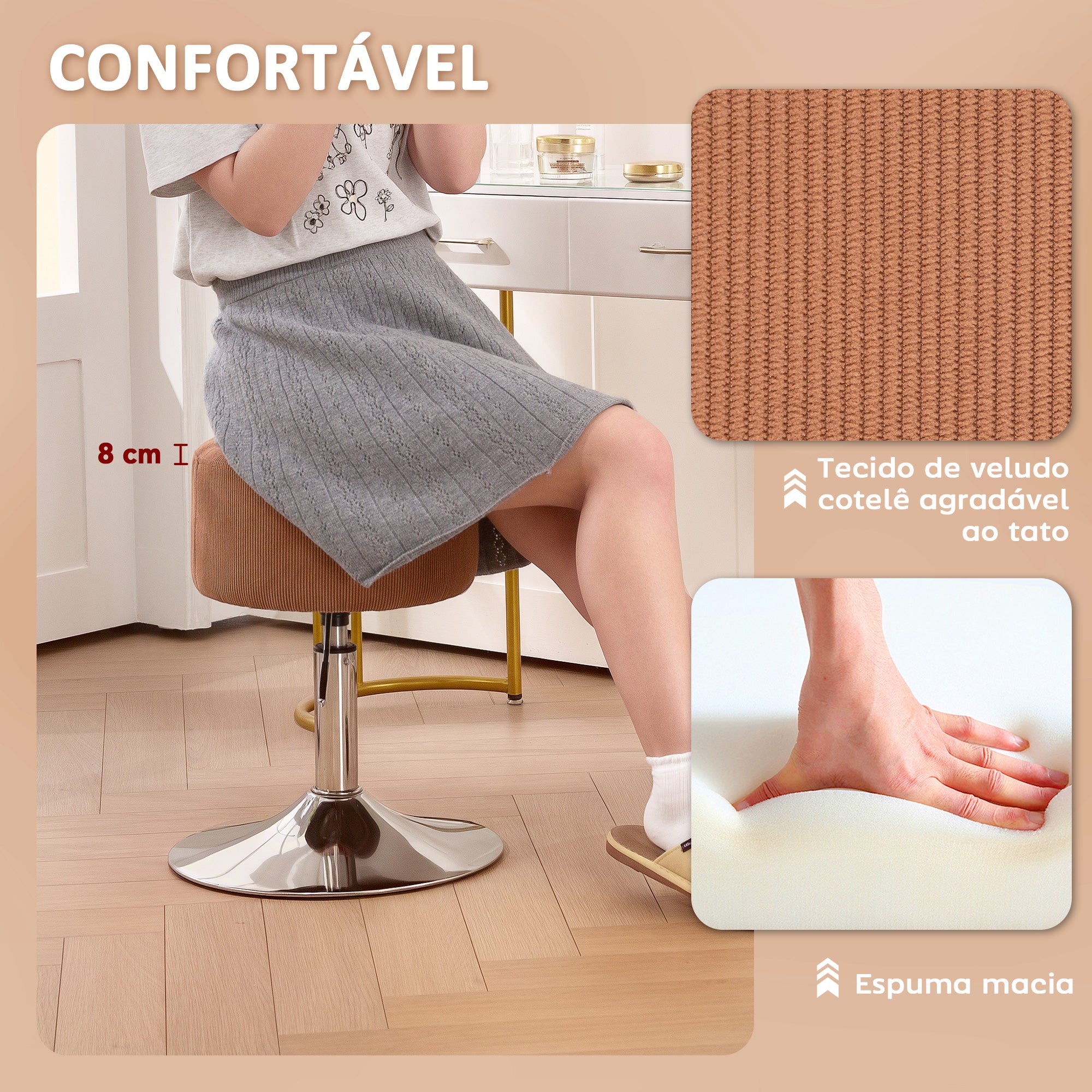 Banco de Bar Giratório Marrom Ø38x52-66 cm Estofado em Veludo