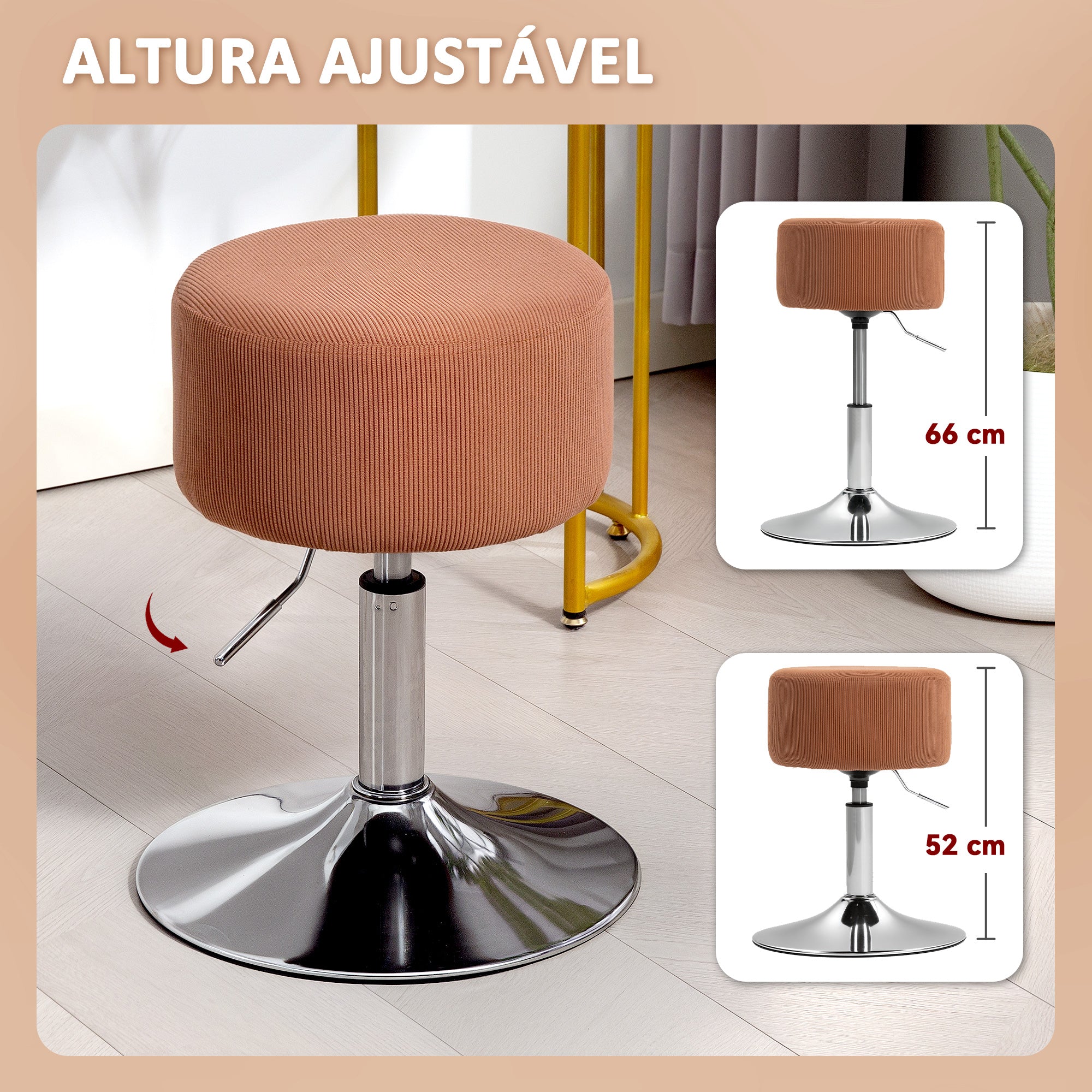 Banco de Bar Giratório Marrom Ø38x52-66 cm Estofado em Veludo