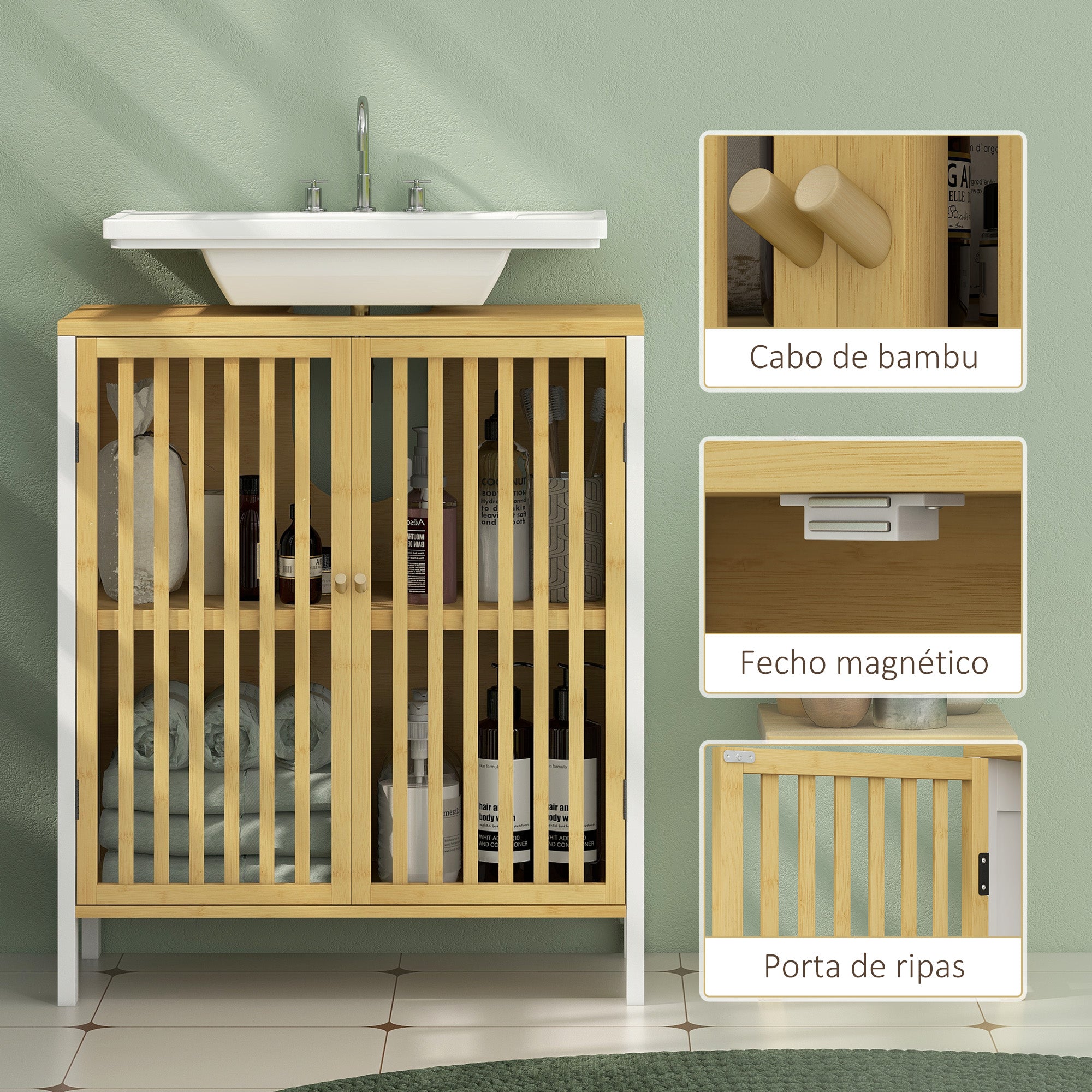 Móvel para Lavatório de Bambu Branco 60x30x70 cm