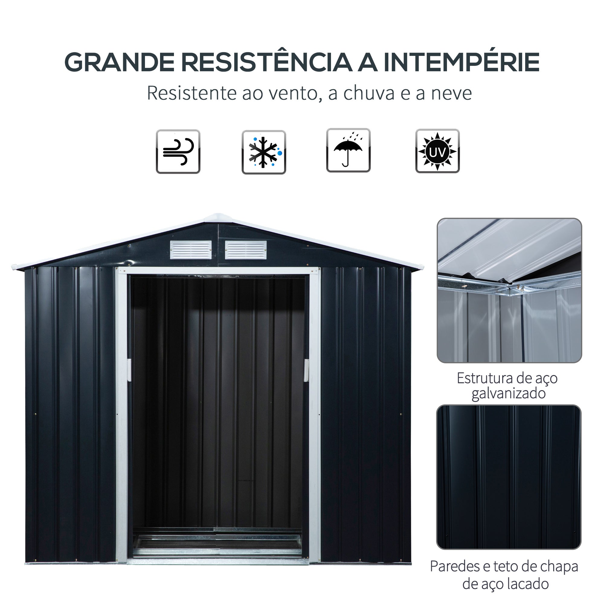 Abrigo de Jardim Metálico 213x130x185 cm - Cinza Escuro