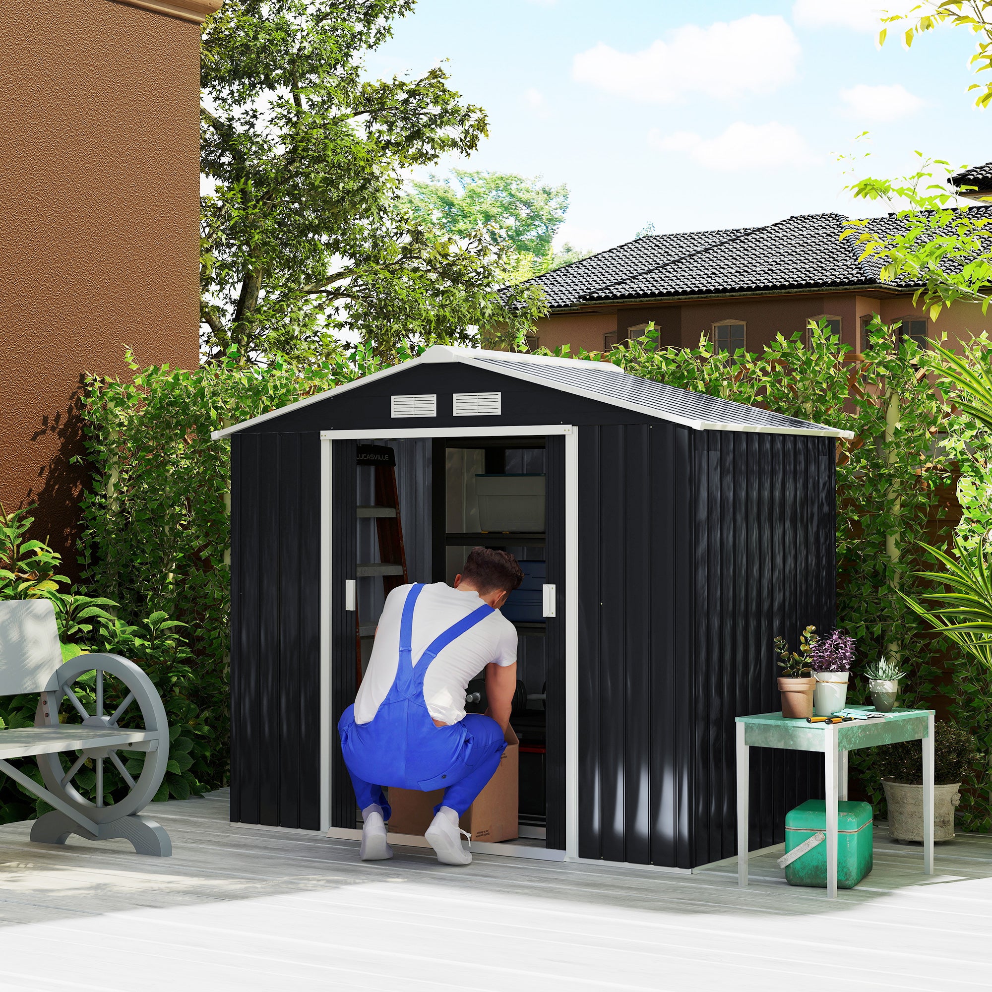 Abrigo de Jardim Metálico 213x130x185 cm - Cinza Escuro