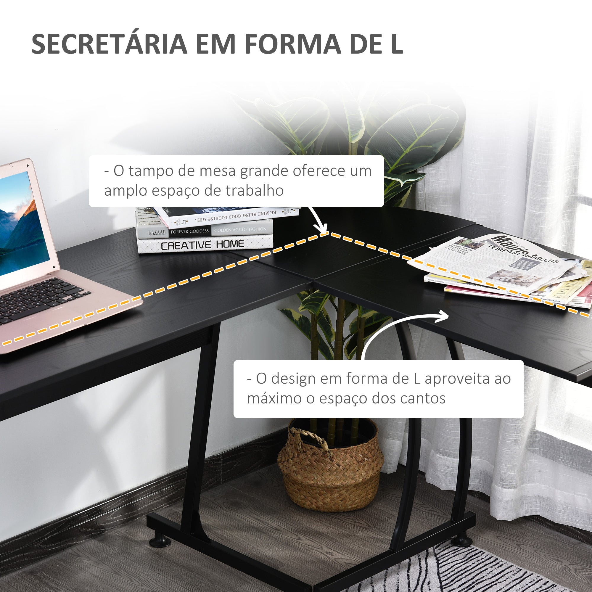 Secretária em Forma de L 112,5x152x74 cm - Preto