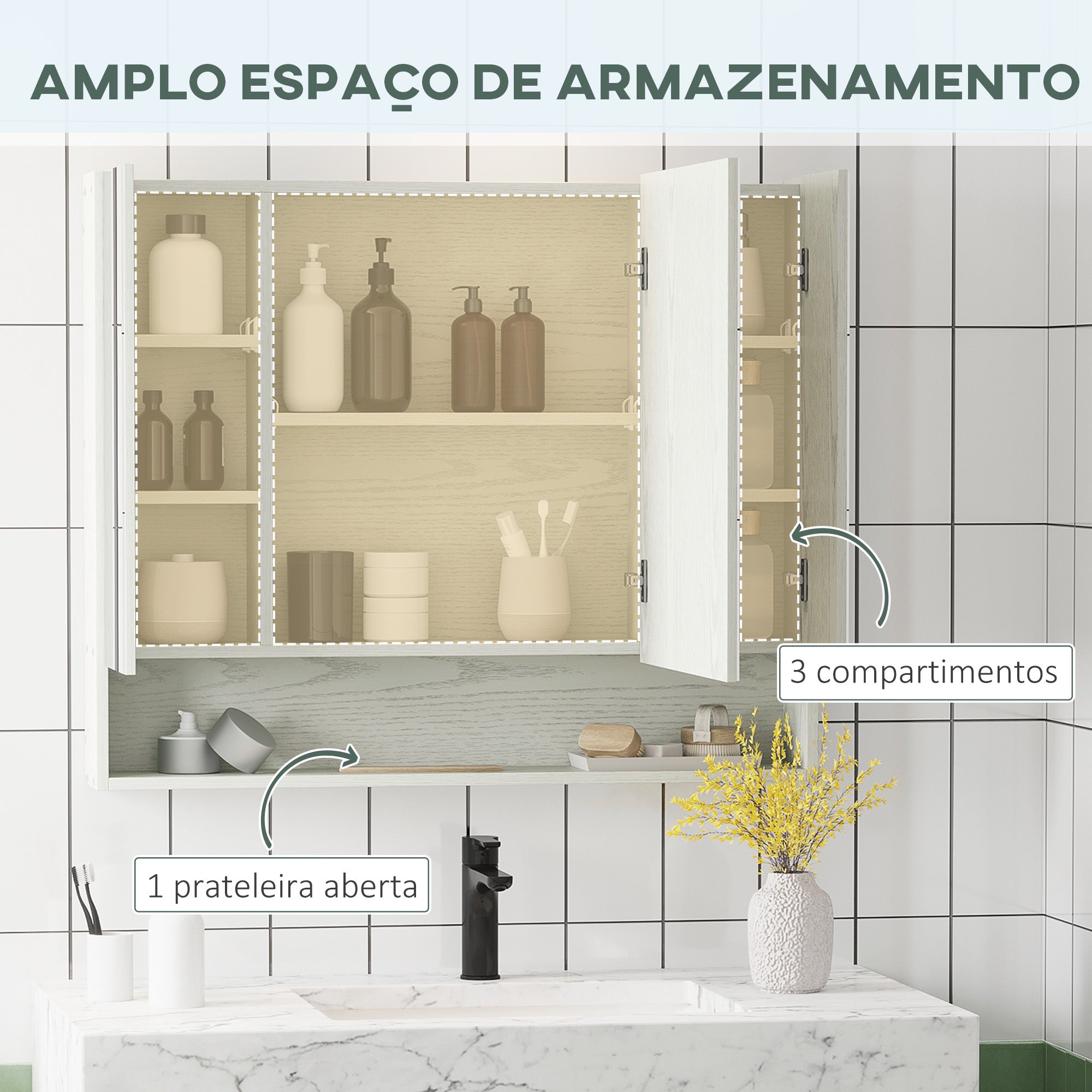 Armário de Casa de Banho com Espelho 90x15x75 cm - Madeira Clara