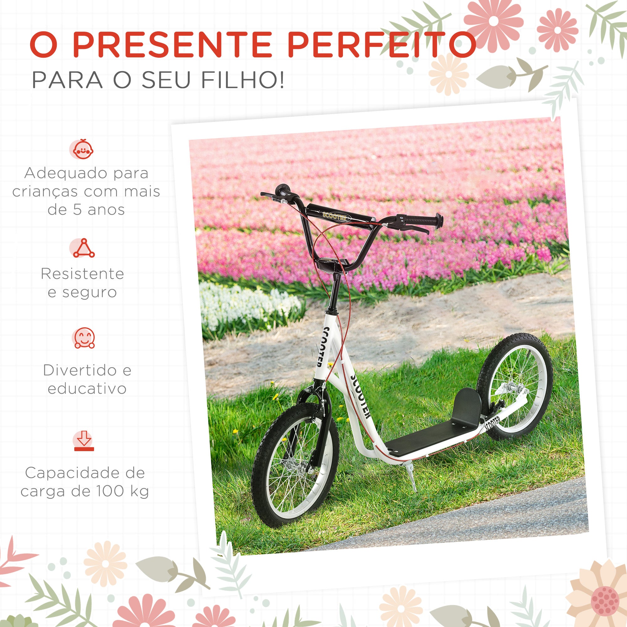 Trotinete para Crianças e Adolescentes - 139x58x90-96 cm - Branco