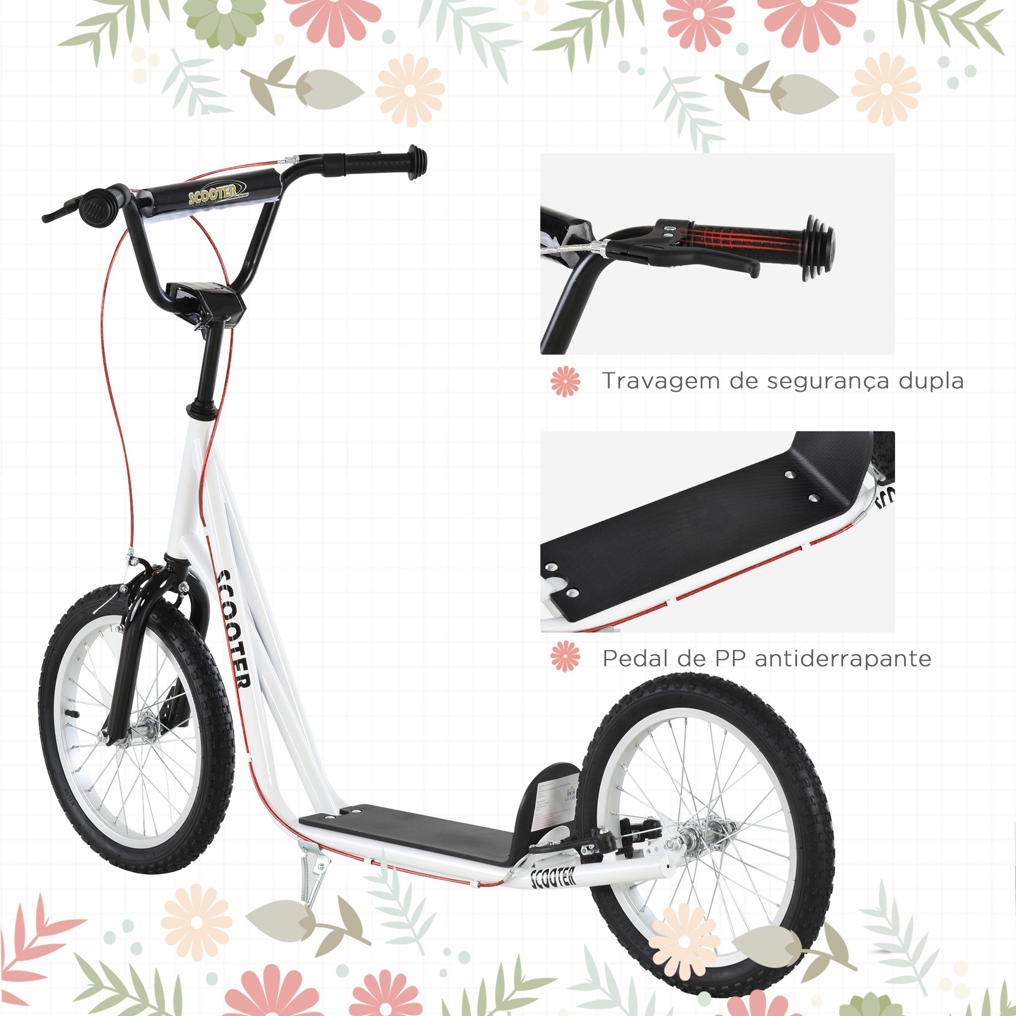 Trotinete para Crianças e Adolescentes - 139x58x90-96 cm - Branco