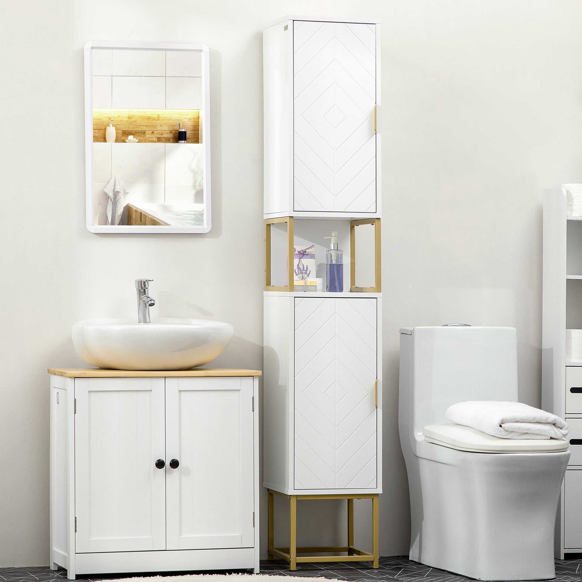 Móvel Auxiliar Casa de Banho 30x30x170,7 cm Branco e Dourado