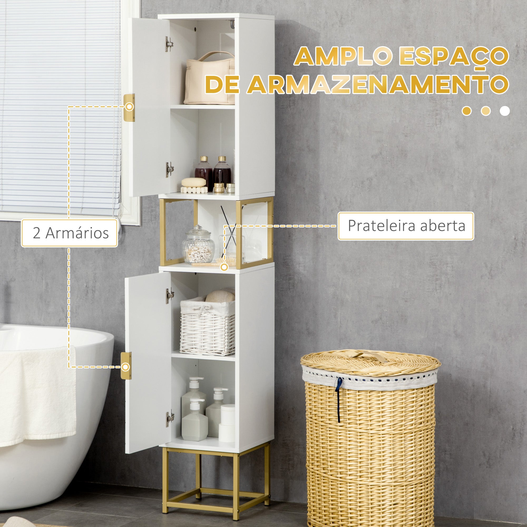 Móvel Auxiliar Casa de Banho 30x30x170,7 cm Branco e Dourado