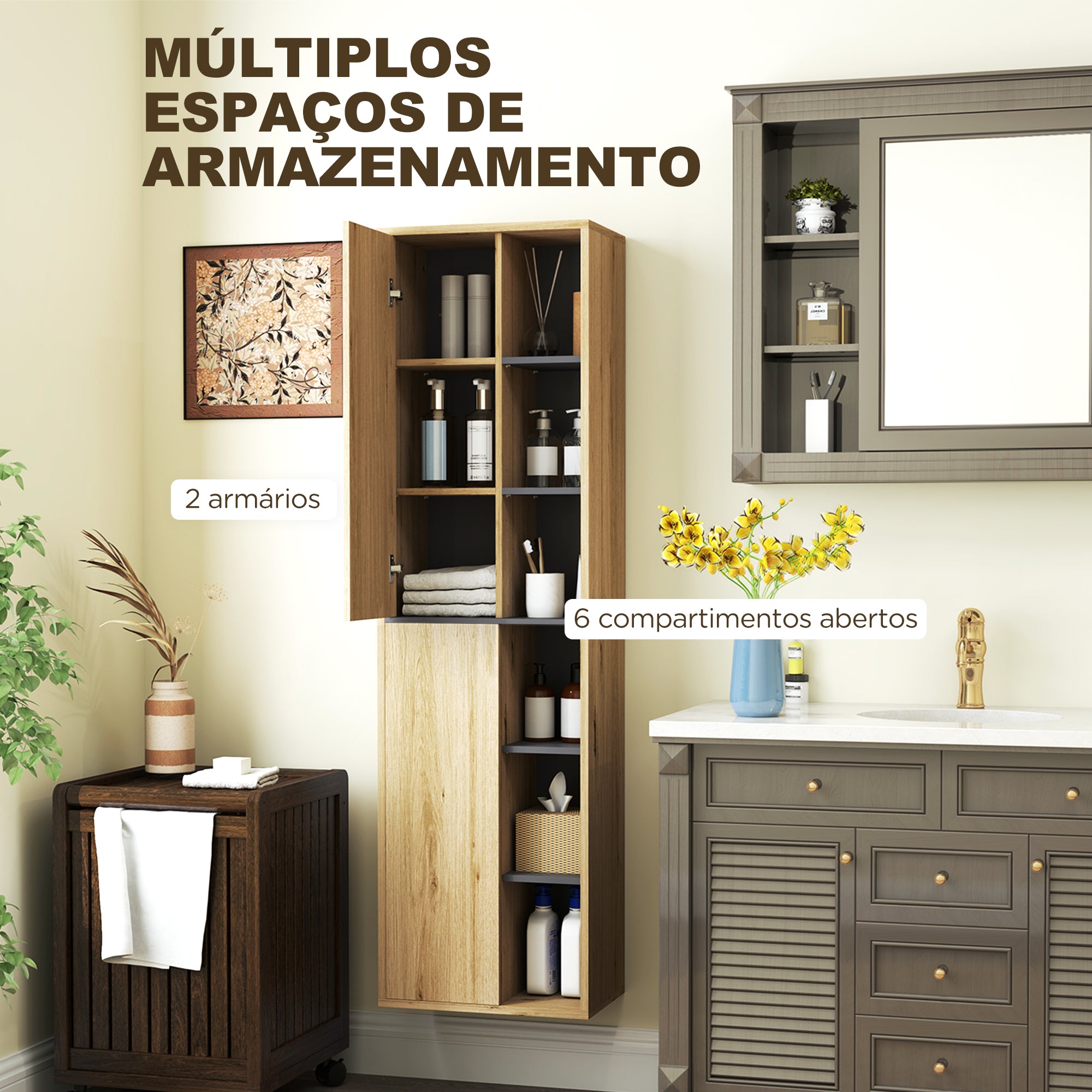 Armário Alto Casa de Banho 40x24x141,5 cm - Cor de Madeira Natural