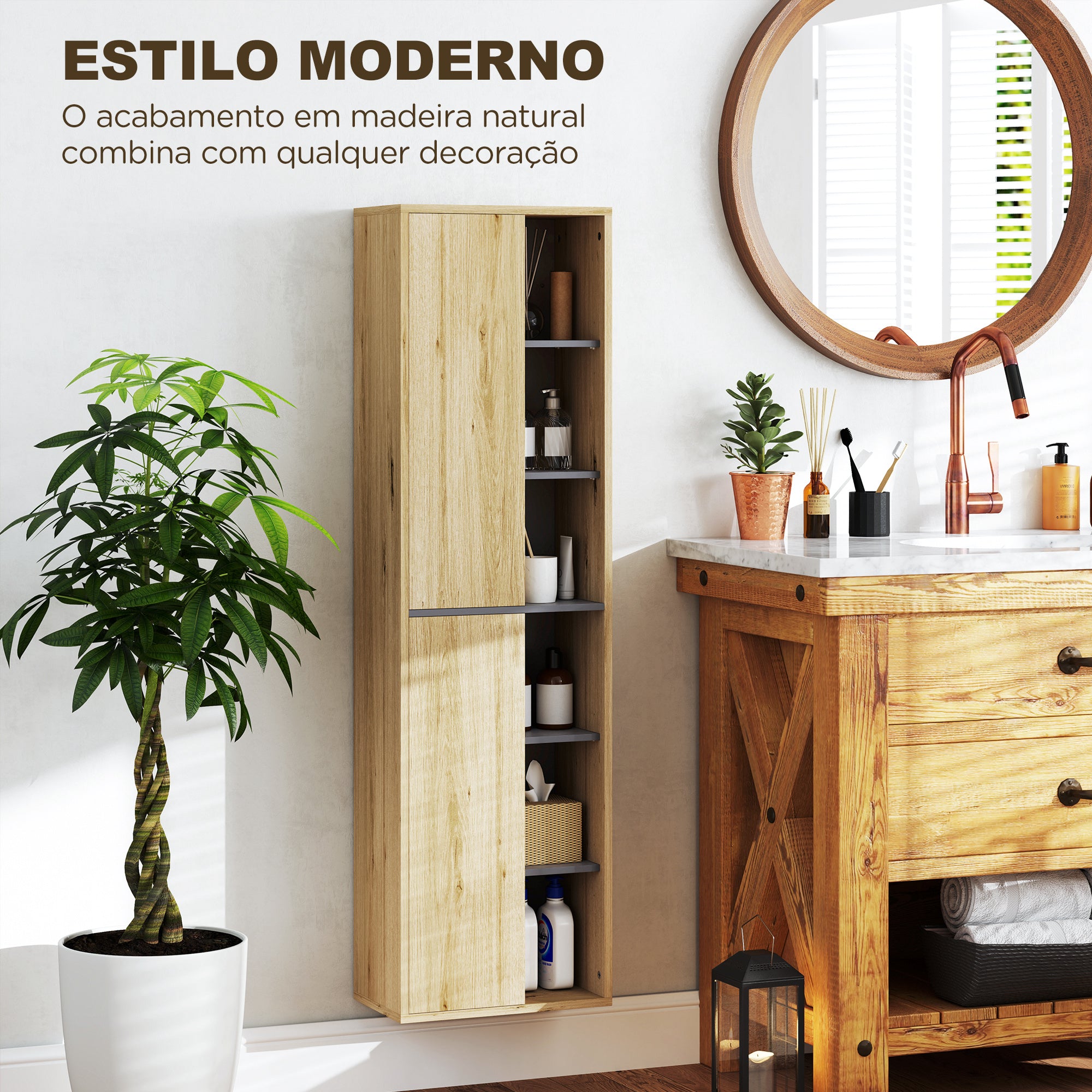 Armário Alto Casa de Banho 40x24x141,5 cm - Cor de Madeira Natural
