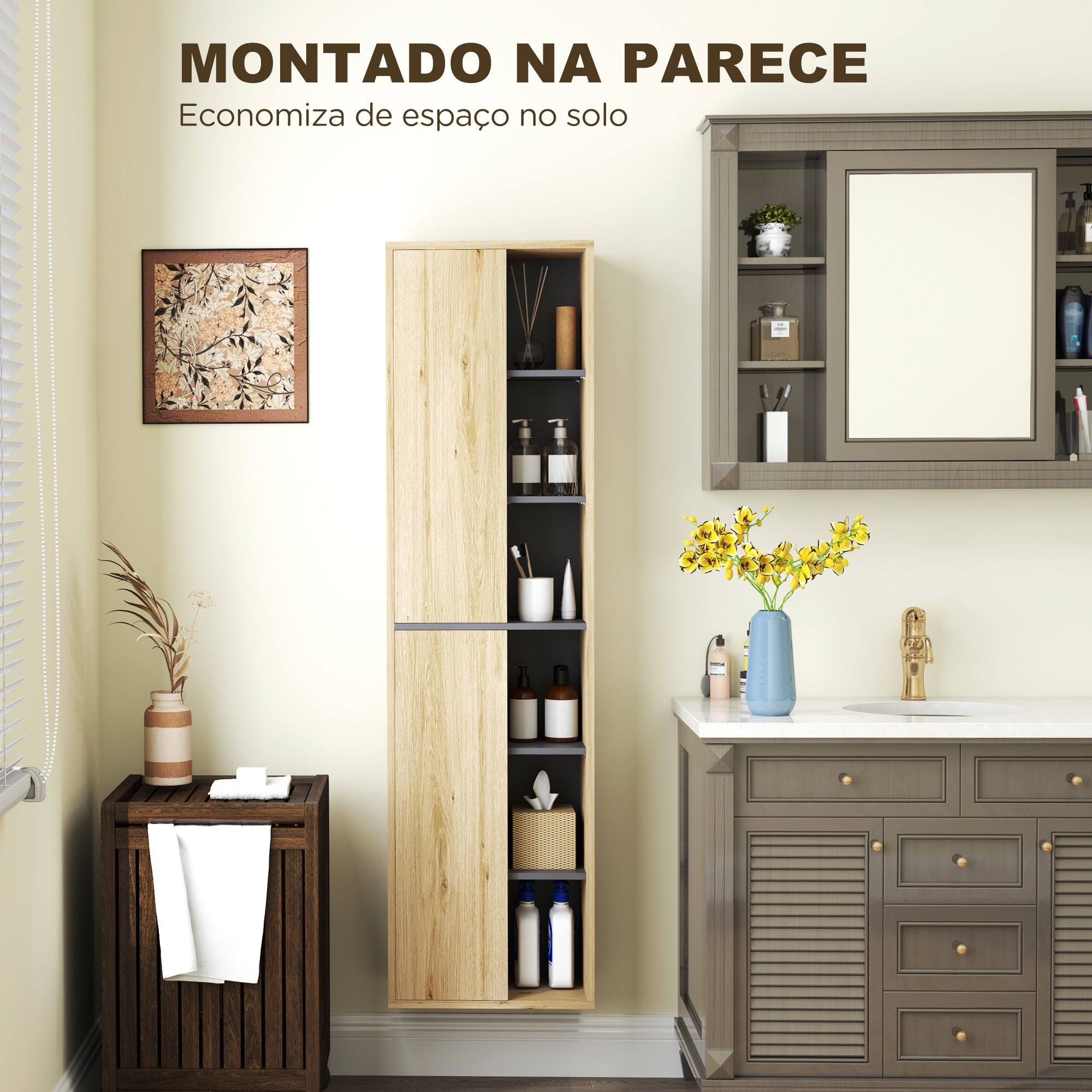 Armário Alto Casa de Banho 40x24x141,5 cm - Cor de Madeira Natural