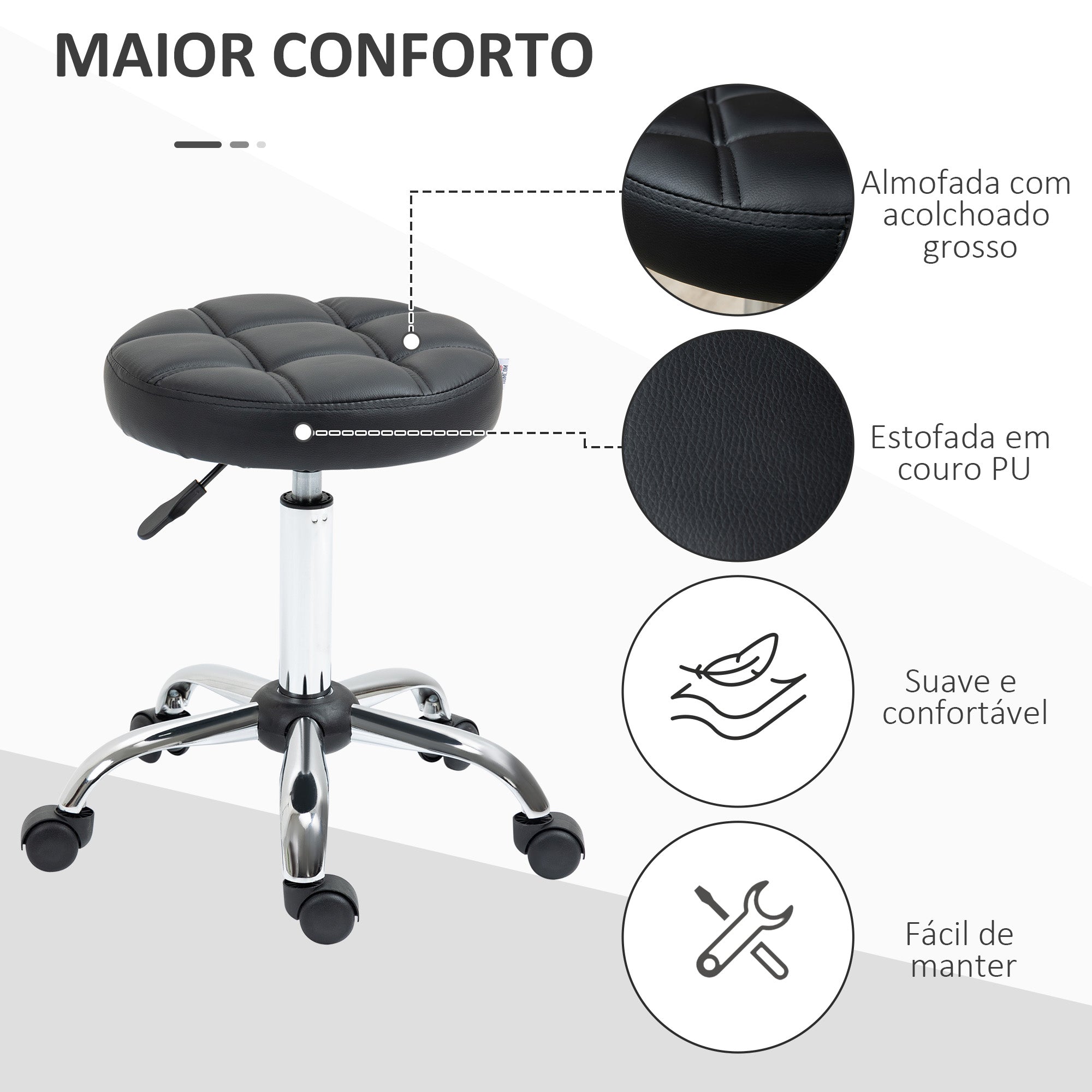 Banco Giratório Altura Ajustável 48-63 cm – Preto – Couro PU