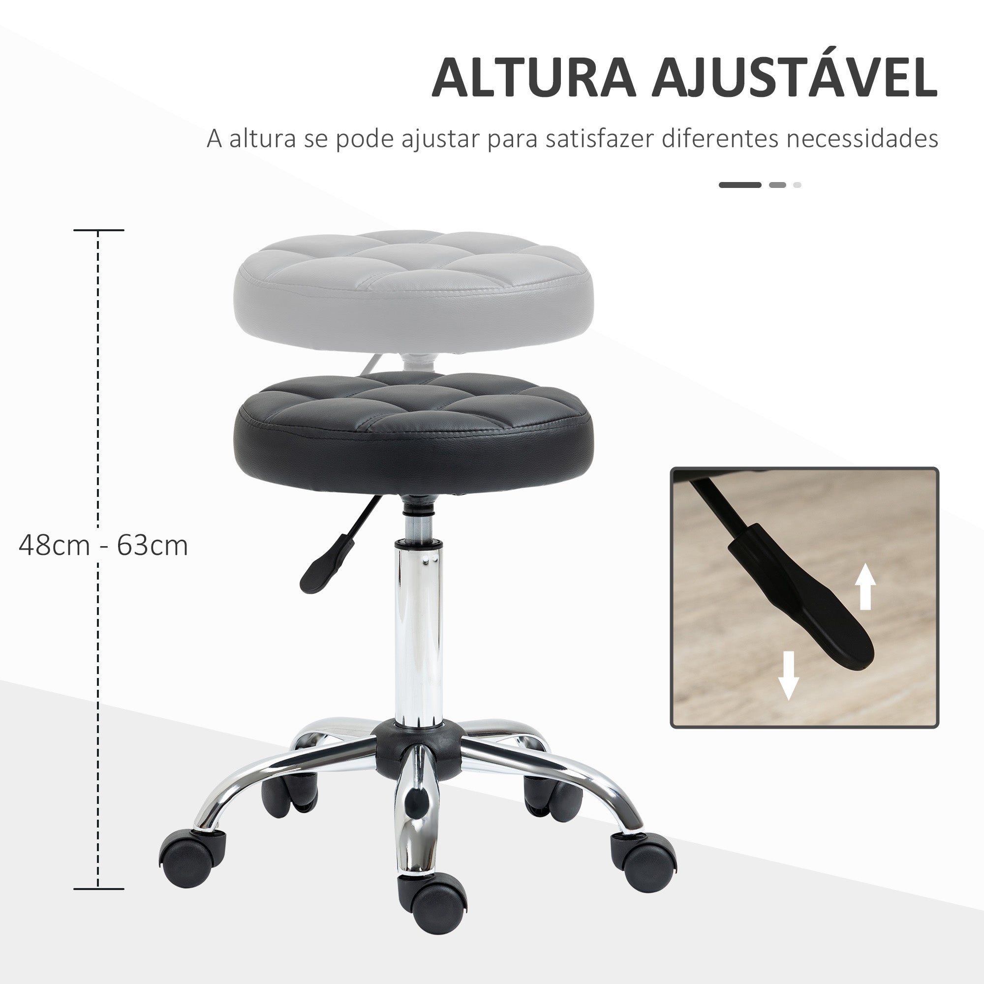 Banco Giratório Altura Ajustável 48-63 cm – Preto – Couro PU