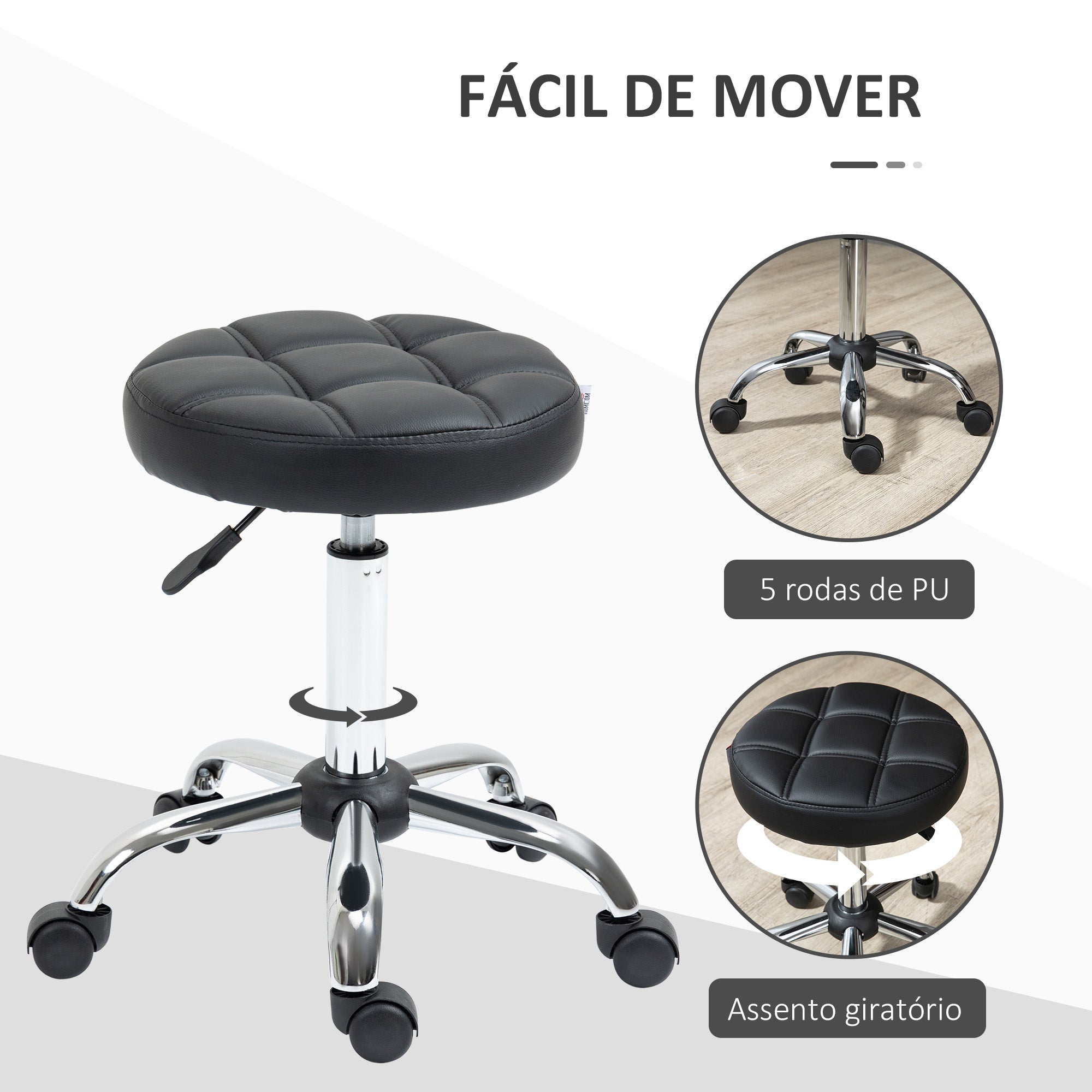 Banco Giratório Altura Ajustável 48-63 cm – Preto – Couro PU