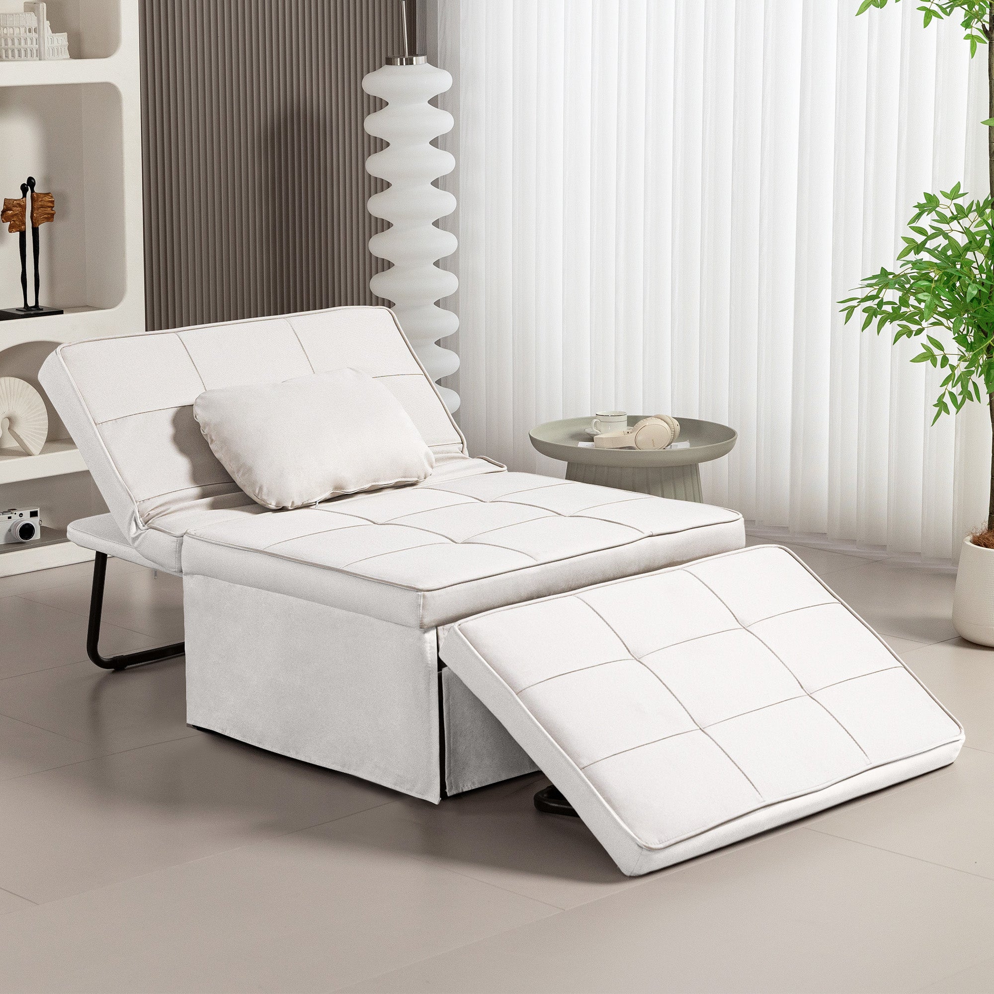 Sofá Cama Individual 3 em 1 Estofado em Linho 95x189x43 cm Branco Gelo