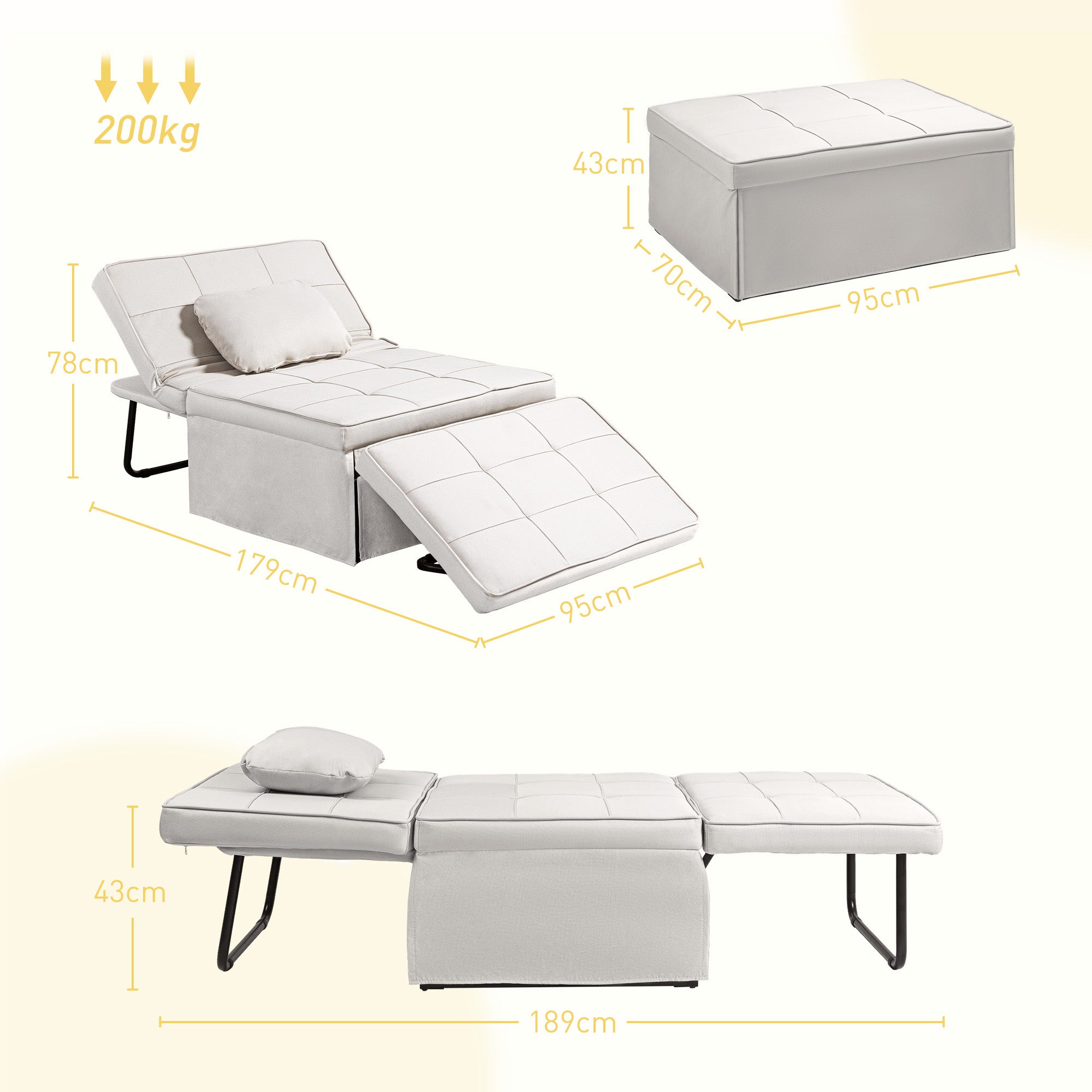 Sofá Cama Individual 3 em 1 Estofado em Linho 95x189x43 cm Branco Gelo