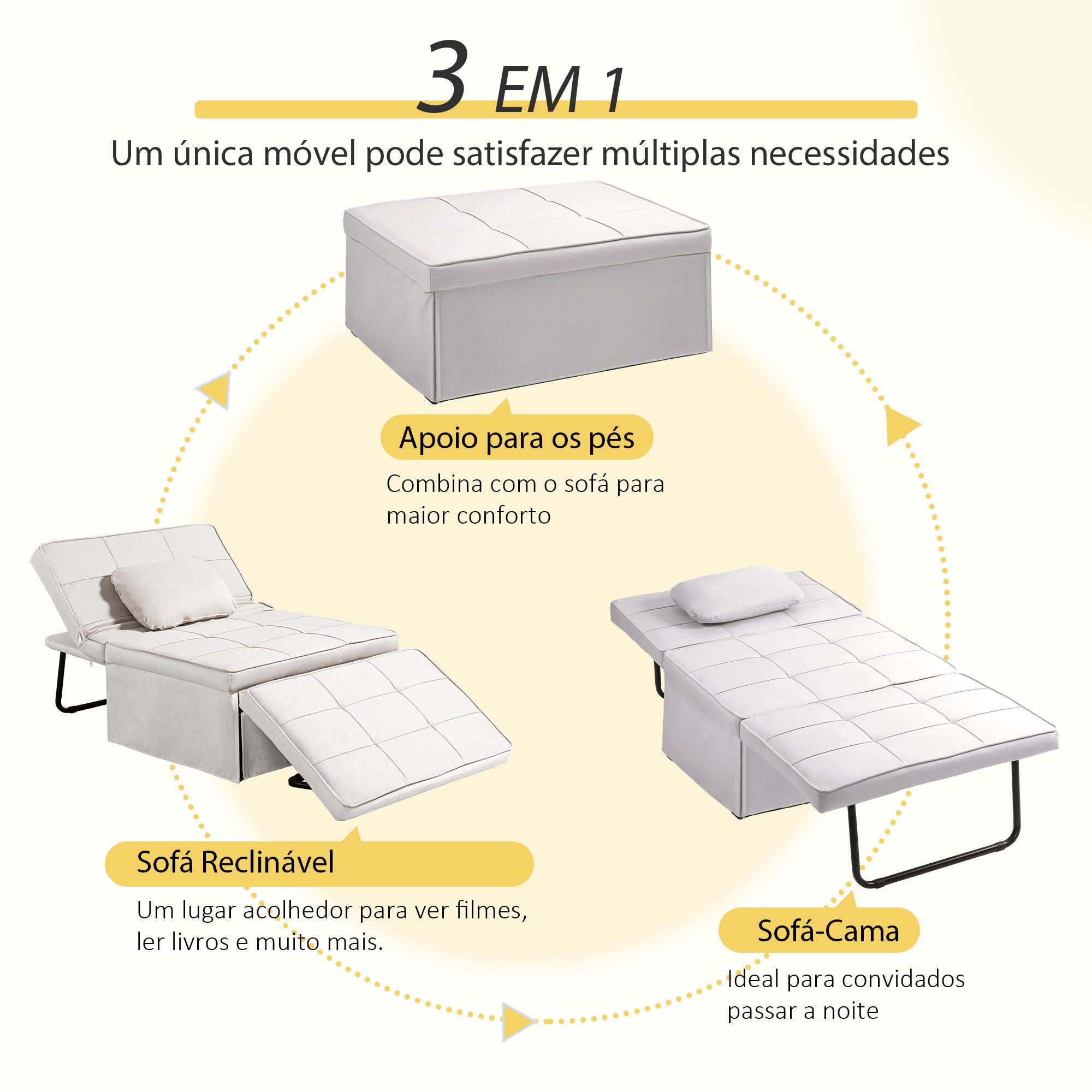Sofá Cama Individual 3 em 1 Estofado em Linho 95x189x43 cm Branco Gelo