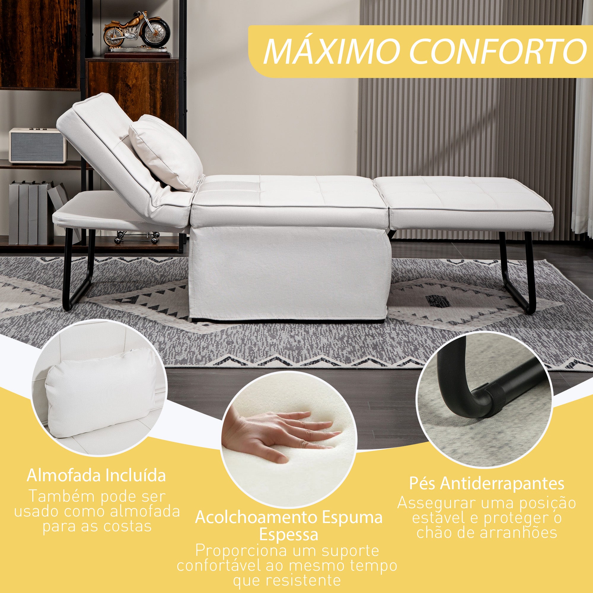Sofá Cama Individual 3 em 1 Estofado em Linho 95x189x43 cm Branco Gelo