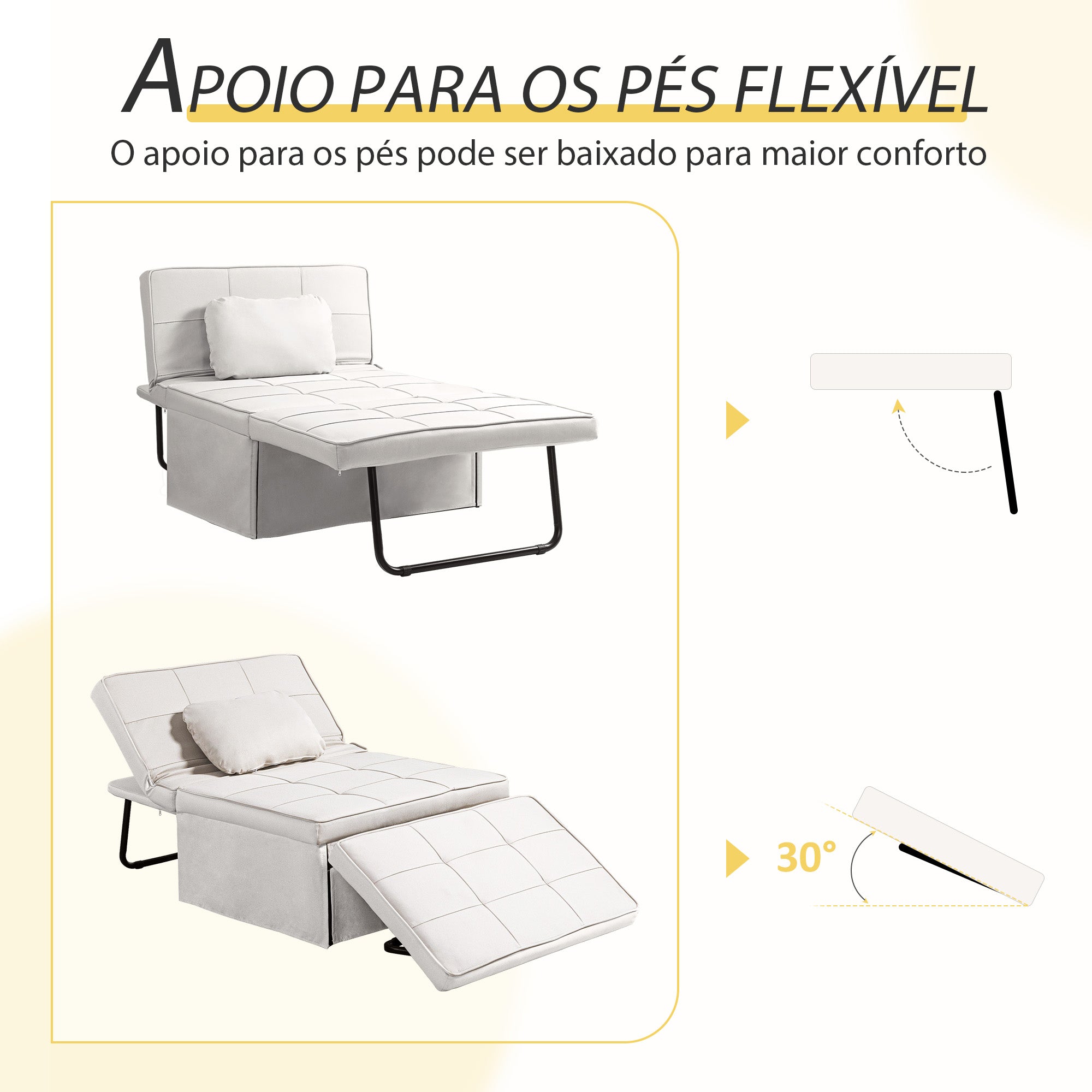 Sofá Cama Individual 3 em 1 Estofado em Linho 95x189x43 cm Branco Gelo