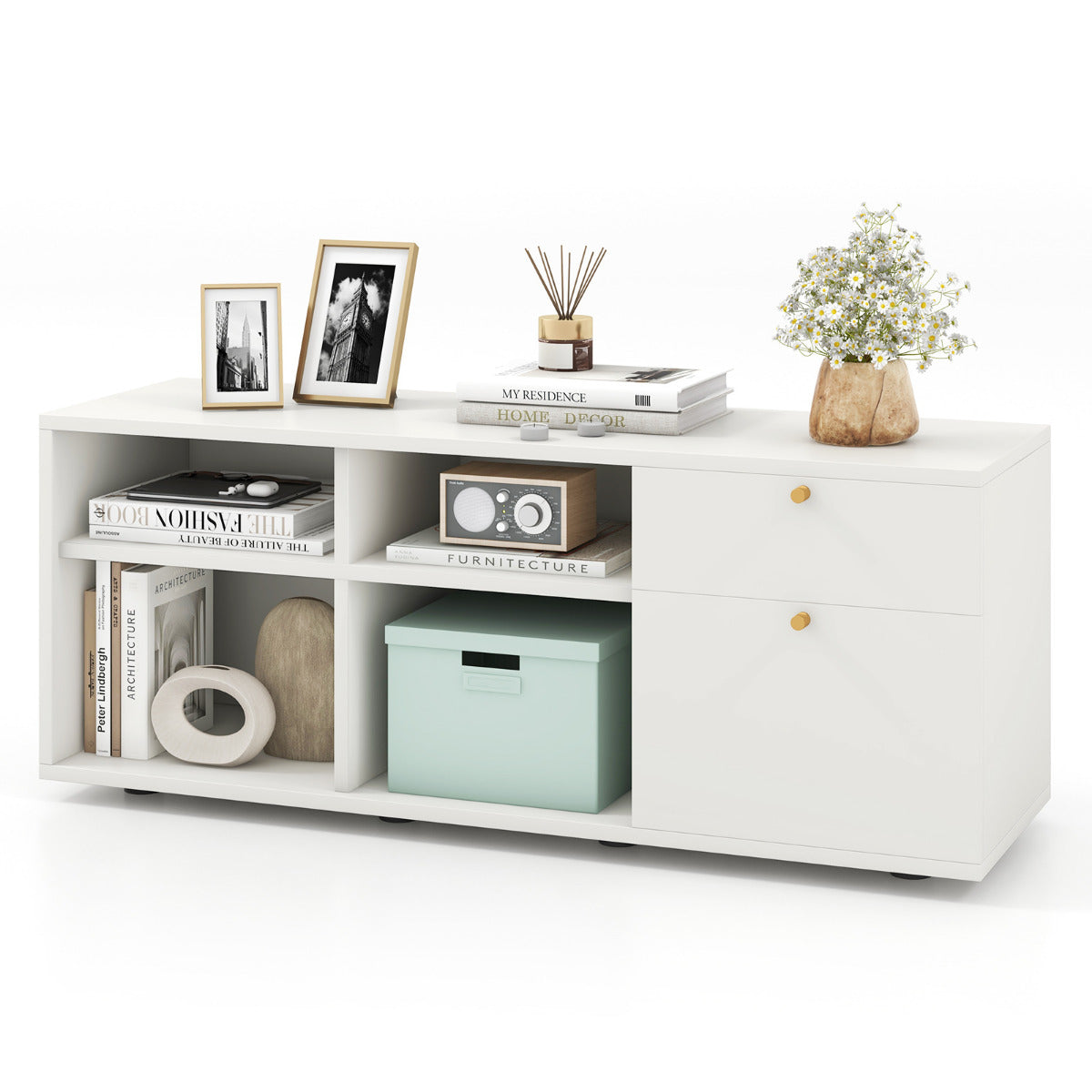 Gabinete de Armazenamento de Entrada com 2 Gavetas 4 Cubos e Pés Ajustáveis Vitrine de Chão Gabinete de Consola de TV Moderno Branco