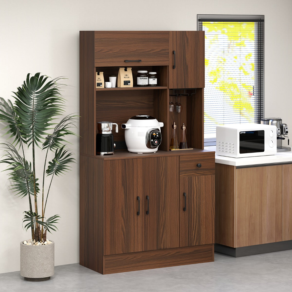 Gabinete de Armazenamento para Cozinha com Suporte Gaveta Prateleiras Ajustáveis 90 x 39 x 167 cm Nogueira