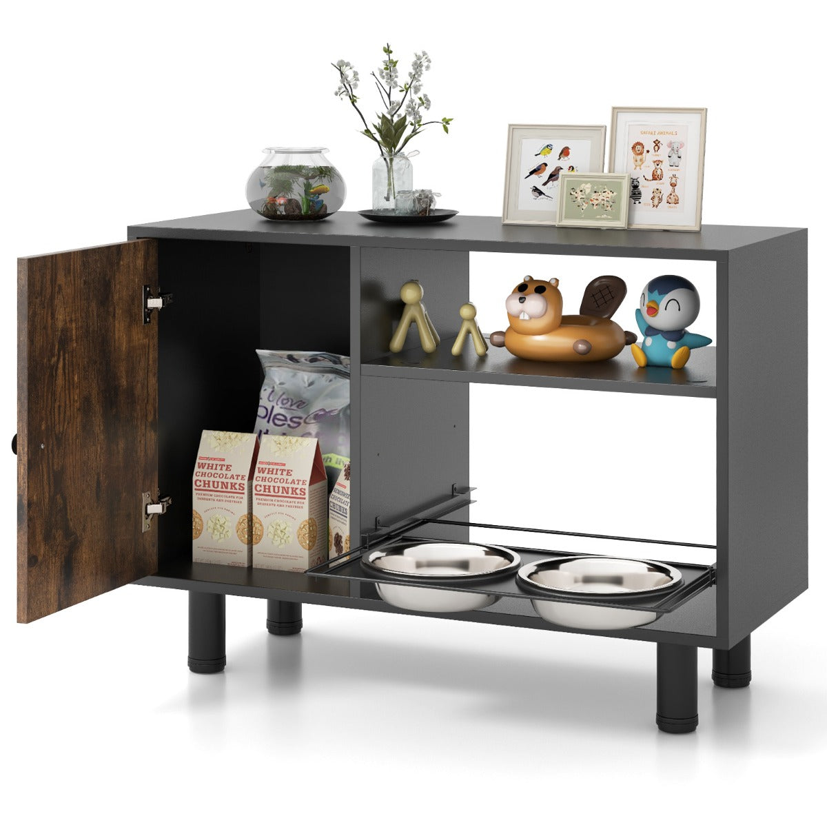 Gabinete de Alimentos para Cães – 2 Tigelas Elevadas de Aço Inoxidável – Castanho