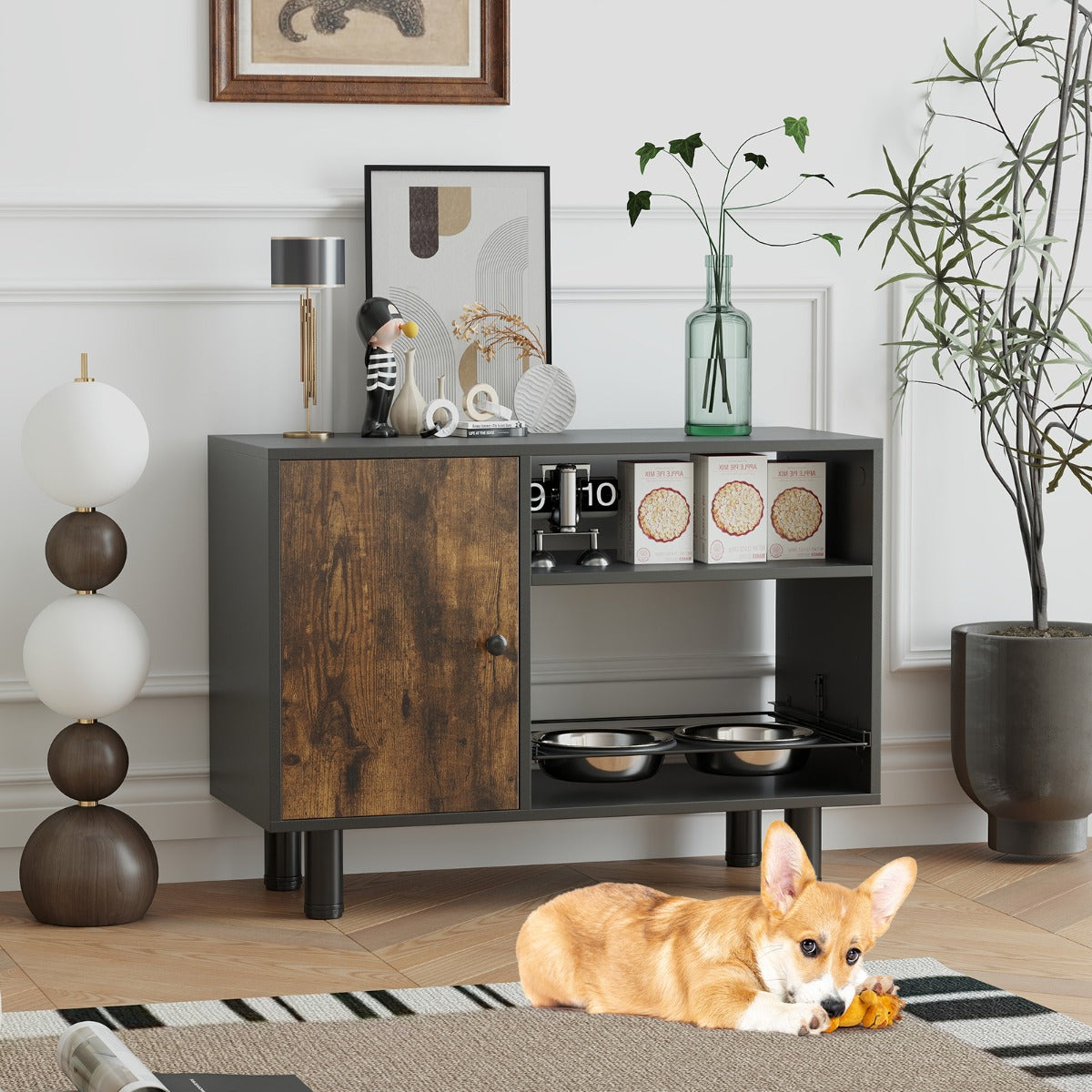 Gabinete de Alimentos para Cães – 2 Tigelas Elevadas de Aço Inoxidável – Castanho