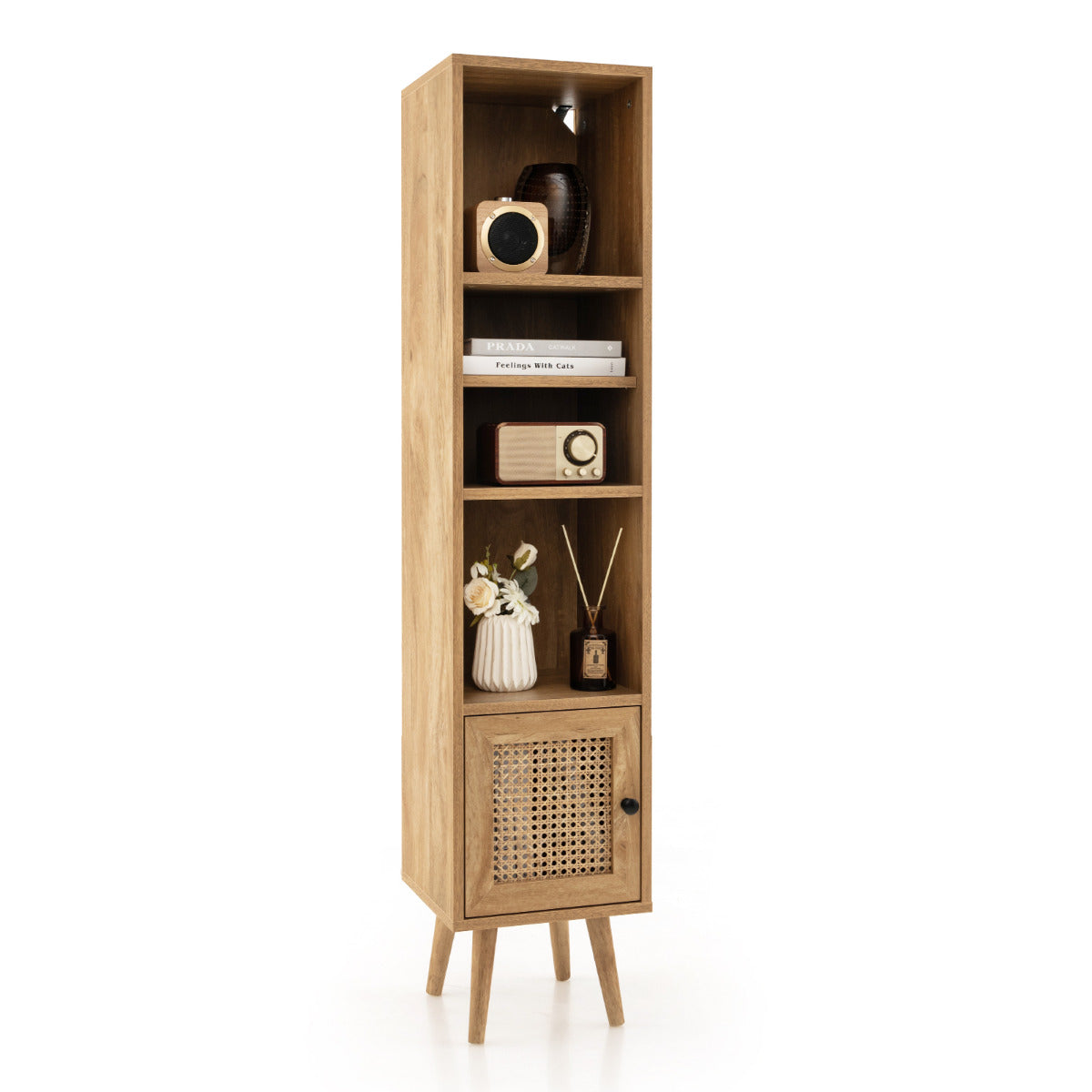 Armário de Armazenamento de Vime Estreito Independente com Porta Prateleira Ajustável para Sala de Estar 29,5 x 29,5 x 137 cm Natural