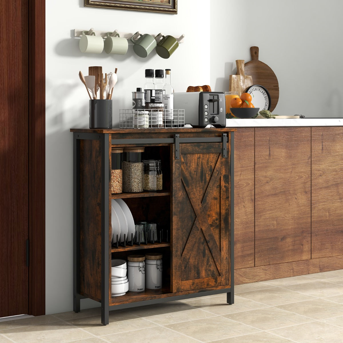 Aparador de Armazenamento Estilo Quinta de 81 cm com Porta Deslizante de Celeiro Estantes Ajustáveis para Sala de Jantar Castanho
