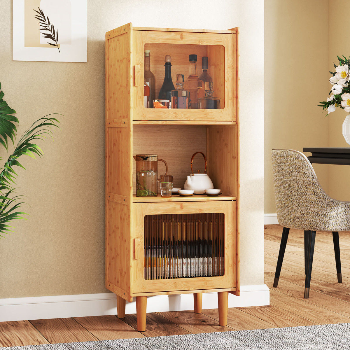 Gabinete de Bambu para Cozinha com 3 Cubos e Compartimento Aberto - Móvel Lateral Natural