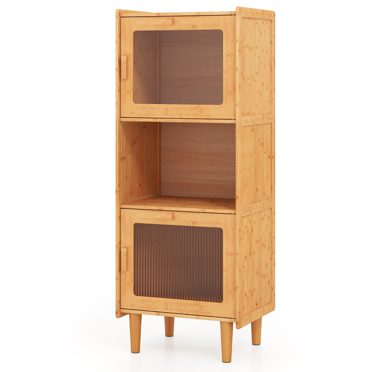 Gabinete de Bambu para Cozinha com 3 Cubos e Compartimento Aberto - Móvel Lateral Natural