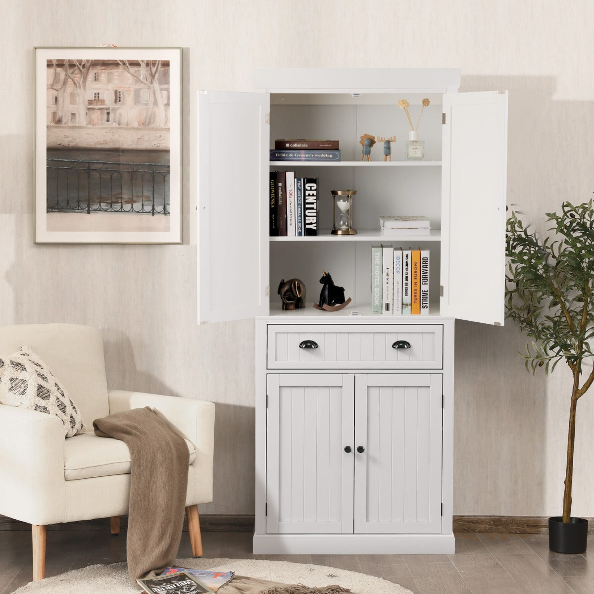 Armário Independente com Prateleiras Ajustáveis, Gavetas de 2 Portas e Gaveta para Sala de Estar, Sala de Jantar e Corredor 76 x 40 x 183 cm Branco