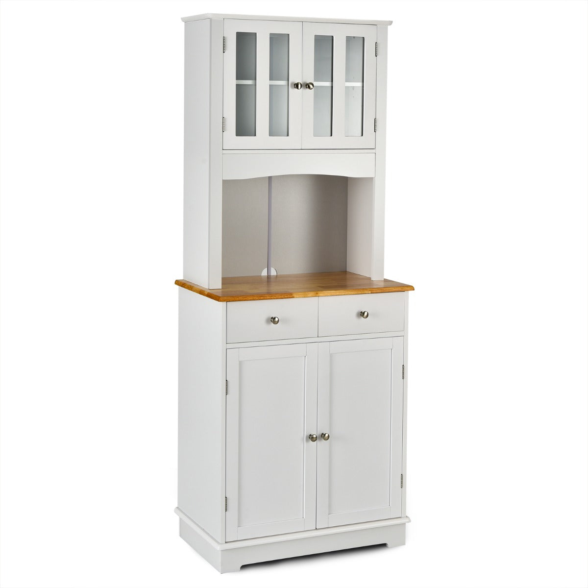 Aparador de Cozinha Armário com 2 Portas de Vidro Temperado 2 Gavetas 3 Prateleiras Ajustáveis e Prateleira Aberta 68 x 40 x 170 cm Branco